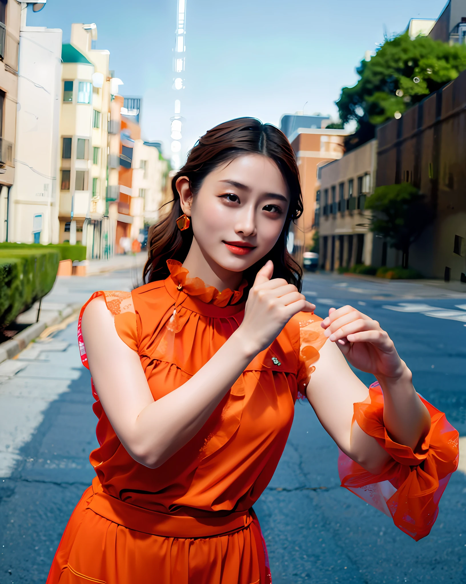 a woman posing on the street corner with light orange dress on, best quality, high res, 8k, 1girl, (huge breasts), day, bright, outdoor, (street:0.8), (people, crowds:1), (lace-trimmed dress:1.5, light orange clothes:1.5, orange high-neck dress:1.5, sleeveless dress, orange dress: 1.5), gorgeous, (medium hair), beautiful detailed sky, beautiful earrings, (dynamic pose:0.8), (upper body:1.2), soft lighting, wind, shiny skin, looking at viewer,