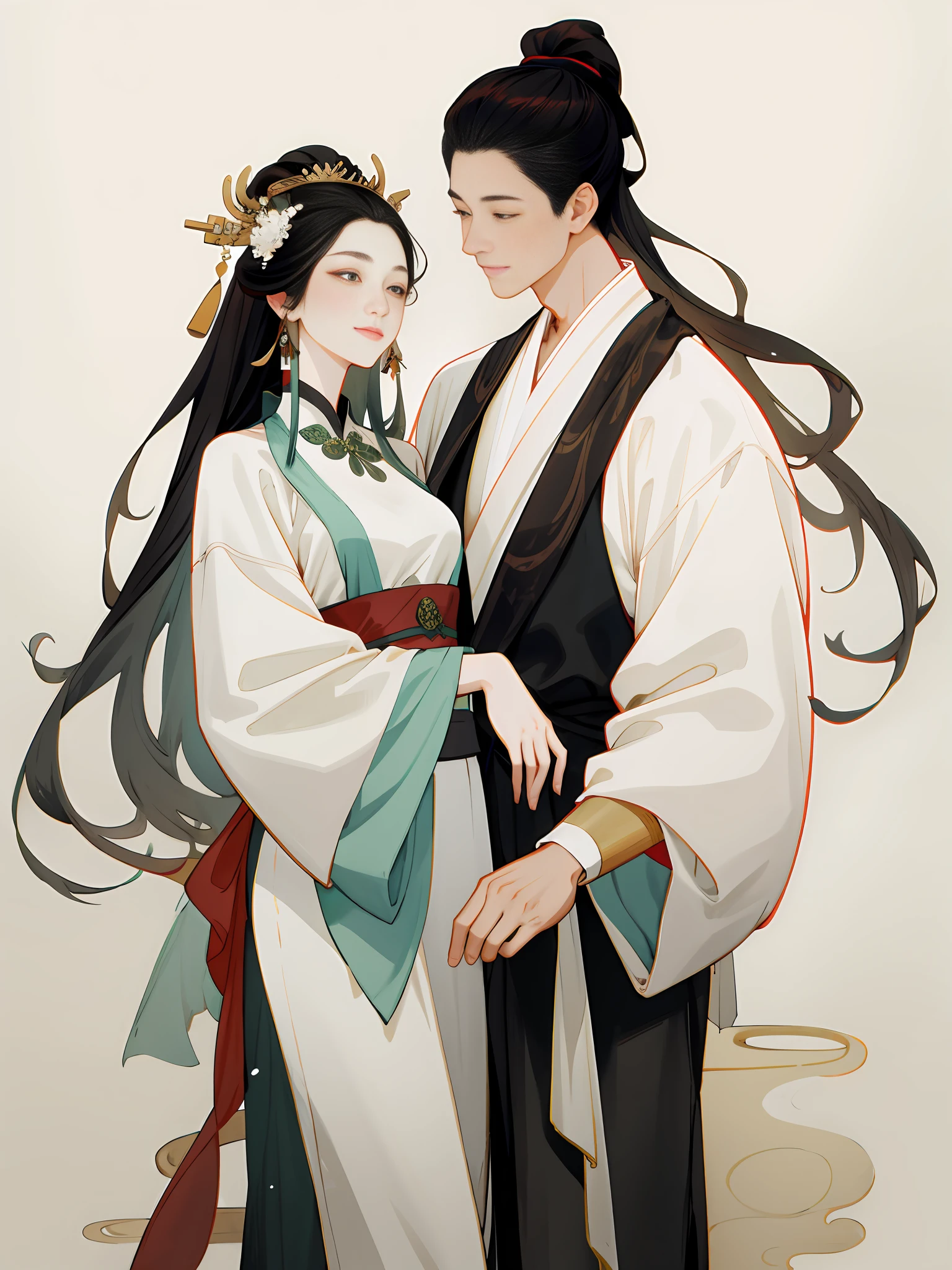 (an ancient Chinese couple, beautiful girl and boy), big watery eyes, looking at each other, smiling and wearing white clothes, delicate hair, (an ancient Chinese beauty) ,(an ancient Chinese Handsome man), wearing ancient Chinese clothing, flowing tulle, light silk,(clean background), ink painting style, clean color, decisive cutting, blank, freehand, masterpiece, super detailed, epic composition, high quality, the highest quality, 4k