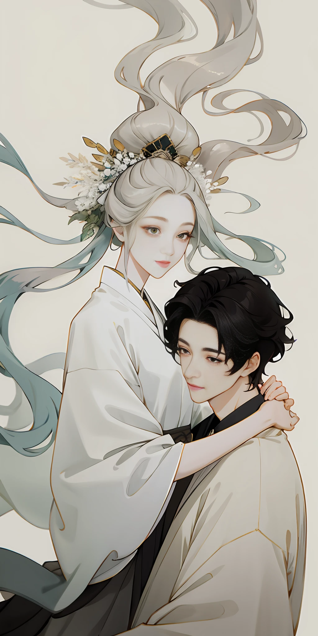 (A couple, beautiful girl and boy), big watery eyes, looking at each other, smiling and wearing white clothes, delicate hair, an ancient Chinese beauty and Handsome guy, wearing ancient Chinese clothing, flowing tulle, light silk,(clean background), ink painting style, clean color, decisive cutting, blank, freehand, masterpiece, super detailed, epic composition, high quality, the highest quality, 4k