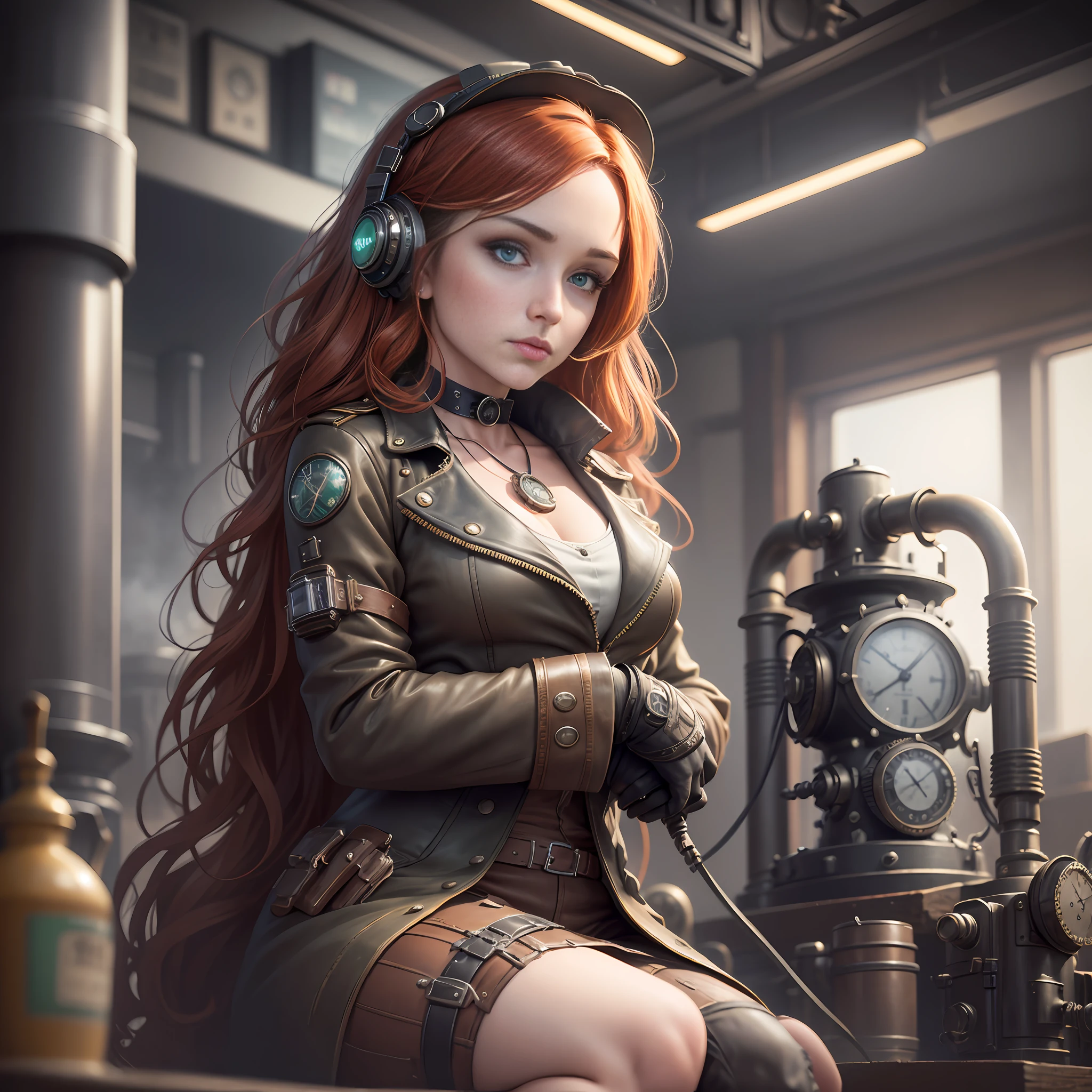 Masterpiece, absurdres, award winning photo, extremely detailed, amazing, fine detail, extremely detailed eyes and face, by lee jeffries nikon d850, film stock photograph, 4 kodak portra 400 camera, f1.6 lens, rich colors, hyper realistic lifelike texture, dramatic lighting, unrealengine trending on artstation cinestill 800 tungsten, beautiful rud woman, a woman with long ginger hair and dark green eyes, perfect rud face, perfect rud body, hyper photorealism, very high contrast photograph, street photography, cinematic lighting, dramatic lighting, (a 19 yo girl, (Ana de Armas:0.50), (redhead:1.1)), very cute, (perfect eyes:1.1), photorealistic wavy hair, looking down at her own hand, steampunk jumpsuit, intercom headset, steampunk choker, long leather boots, perfect detailed face, detailed symmetric green eyes with circular iris, fixing a steam engine in the steampunk garage filled with steam and smoke, intricate, hdr, intricate details, detailed, cinematic, cogs and gears, steamy background with lots of steam pipes and steam valves and pressure gauges and gears, realistic, stunning realistic photograph, 3d render, octane render, cinematic, Isometric, Centered, hyperealistic cover photo, awesome full color, 12k, high definition, portrait featured on unsplash, smooth, ultra high definition, 8k, ultra sharp focus, intricate artwork, masterpiece, ominous, epic, highly detailed, warm cinematic, a girl in a light gray uniform sitting on a machine, young girl in steampunk clothes, in a steampunk laboratory, steampunk inventor girl, in a steampunk world, woman in a dark factory, steampunk fantasy style, steampunk , steampunk aesthetic --auto --s2