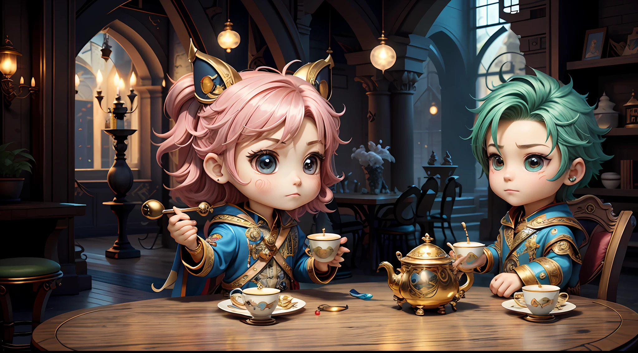 Masterpiece, best quality, chibi, wizard tea party, handsome male witch, beautiful witch, happy, vibrant, colorful