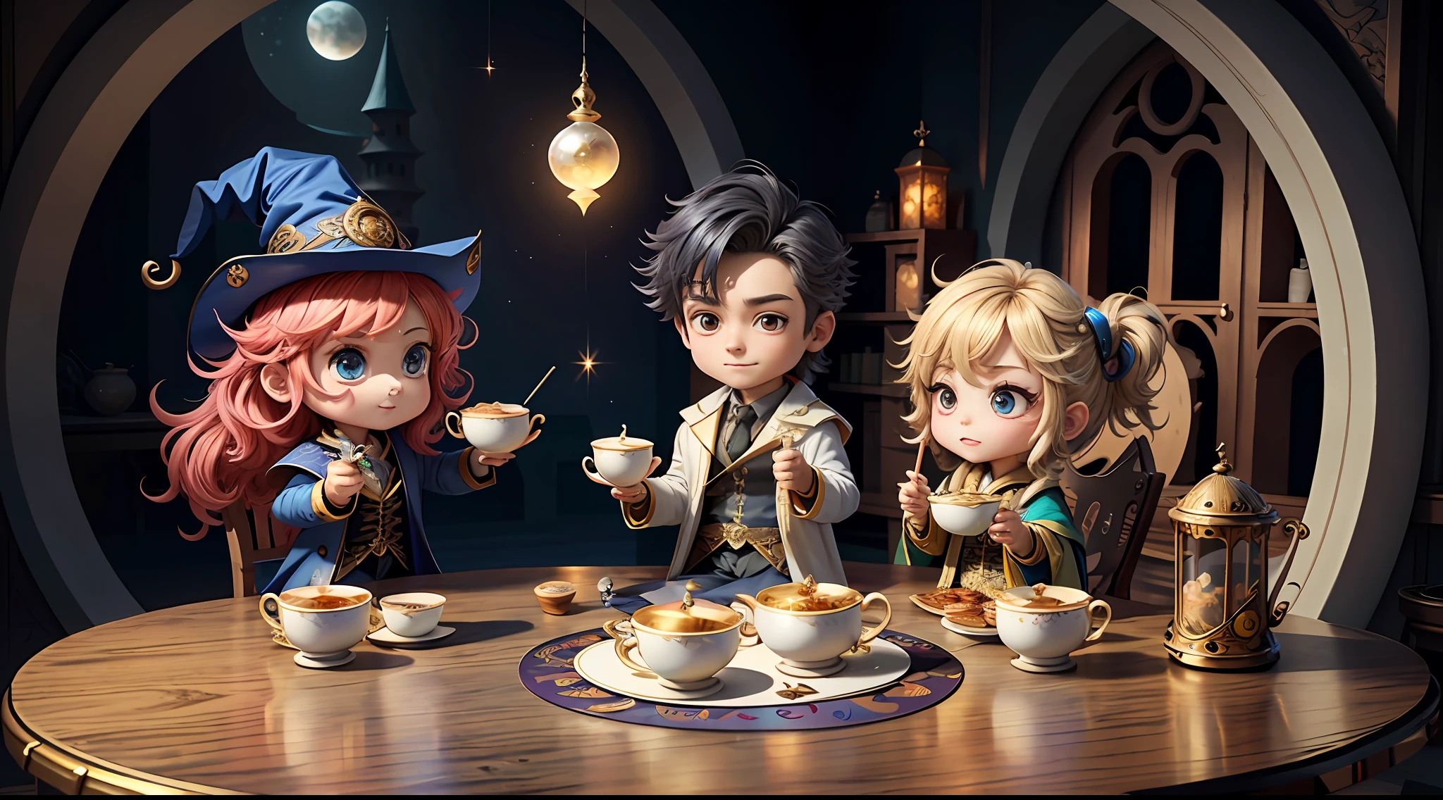 Masterpiece, best quality, chibi, wizard tea party, handsome male witch, beautiful witch, happy, vibrant, colorful