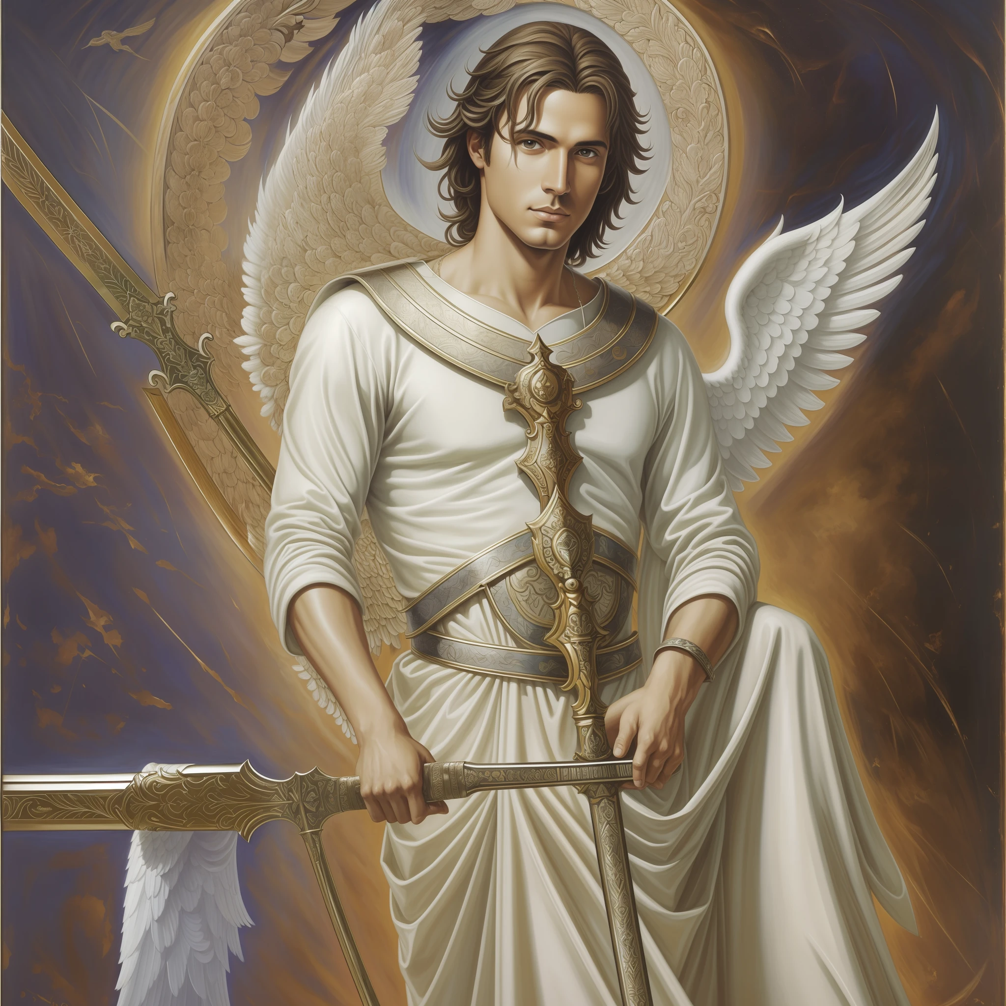 Man loiro Saint Archangel miguel com a espada, age 29 years, Catholic saint. celestial environment. purity. emanated heals. pintura a óleo. --auto --s2