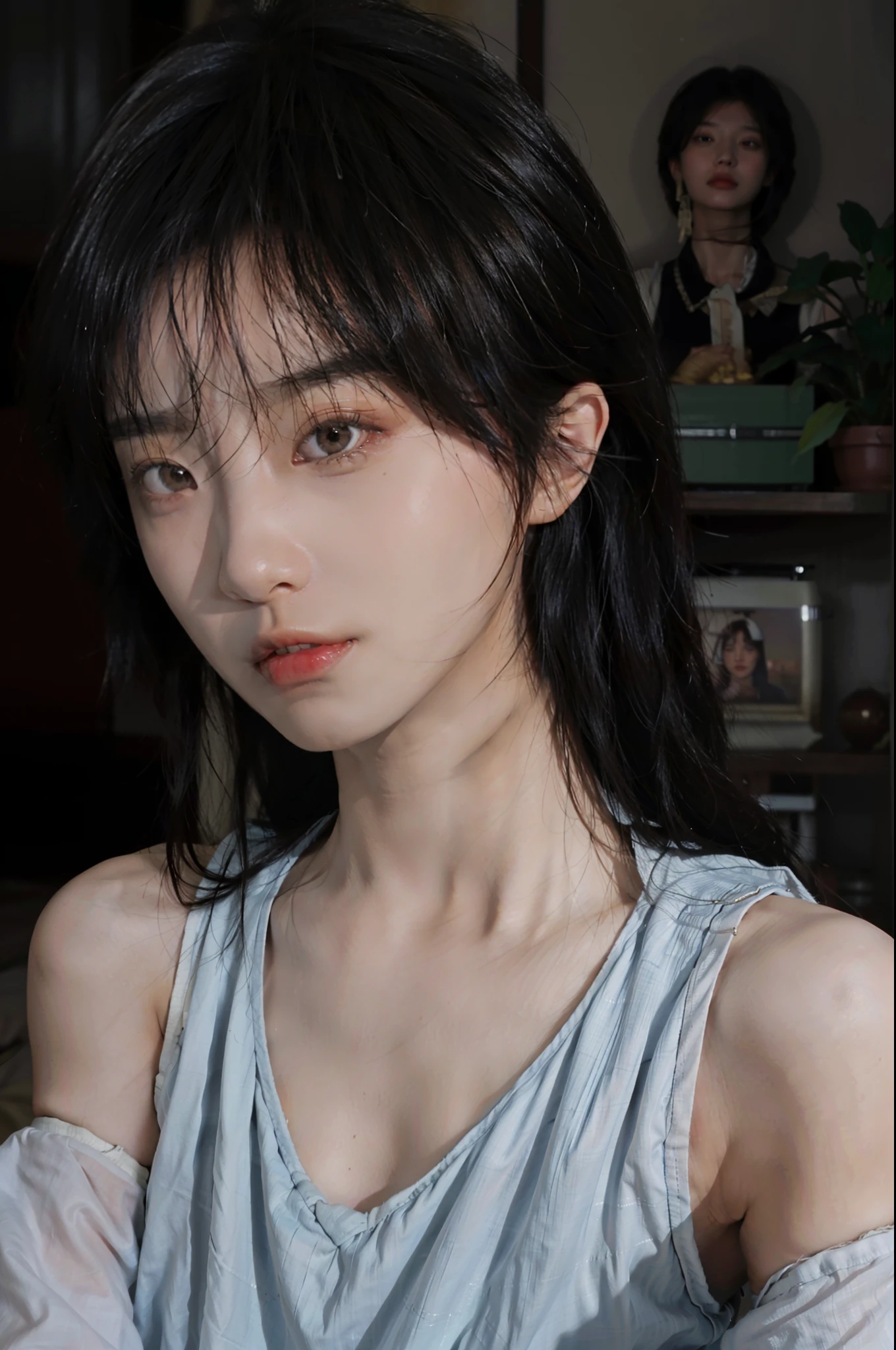 Sexy, 8K, Best Quality, Masterpiece, Ultra High Resolution, (Realism: 1.4), Original Photo, (Real Skin Texture: 1.3), (Film Grain: 1.3), (Selfie Angle), 1 Girl, Beautiful Eyes and Face Details, Masterpiece, Best Quality, Close-up, Upper Body,