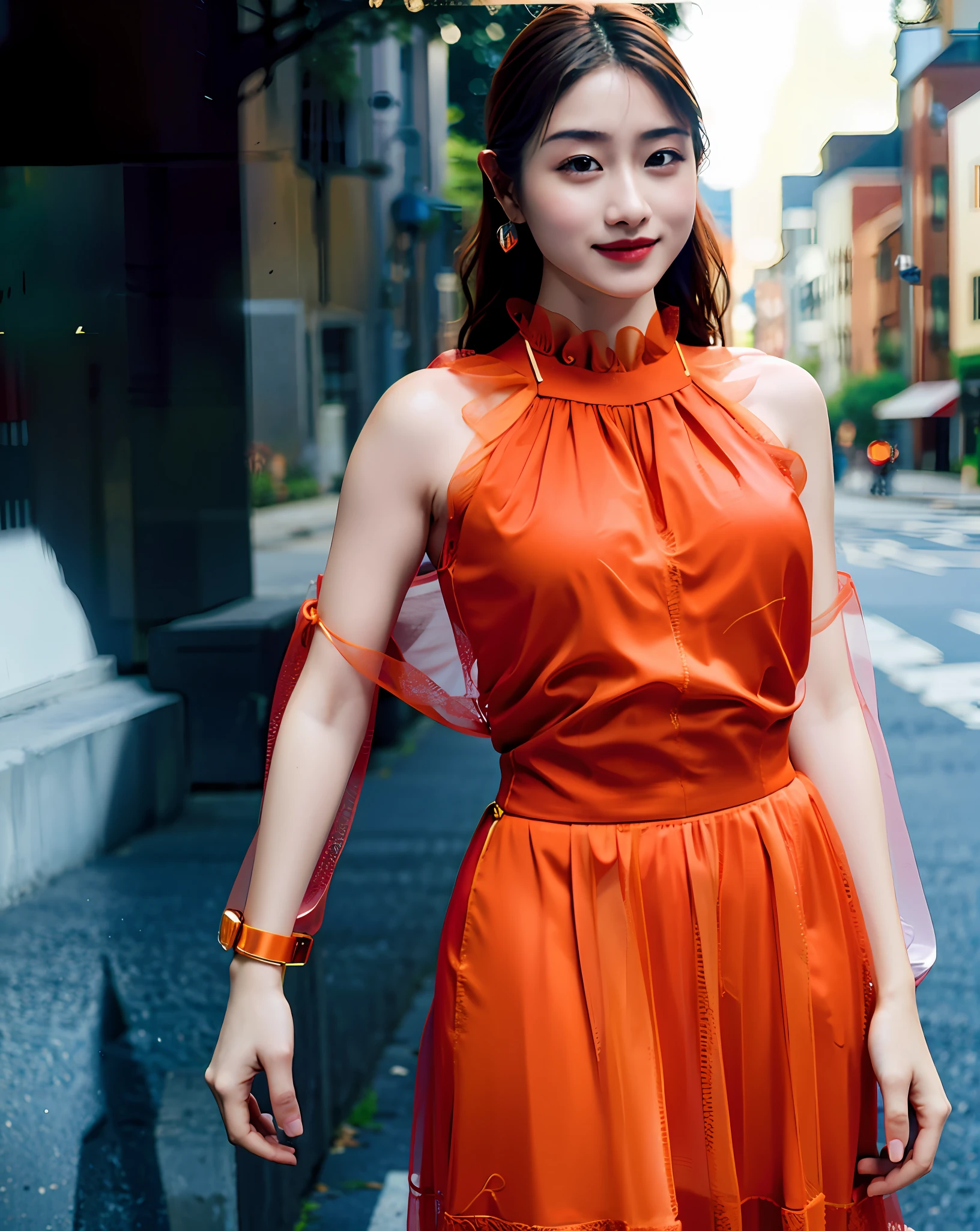 a woman posing on the street corner with light orange dress on, best quality, high res, 8k, 1girl, (huge breasts), day, bright, outdoor, (street:0.8), (people, crowds:1), (lace-trimmed dress:1.5, light orange clothes:1.5, orange high-neck dress:1.5, sleeveless dress, orange dress: 1.5), gorgeous, (medium hair), beautiful detailed sky, beautiful earrings, (dynamic pose:0.8), (upper body:1.2), soft lighting, wind, shiny skin, looking at viewer,