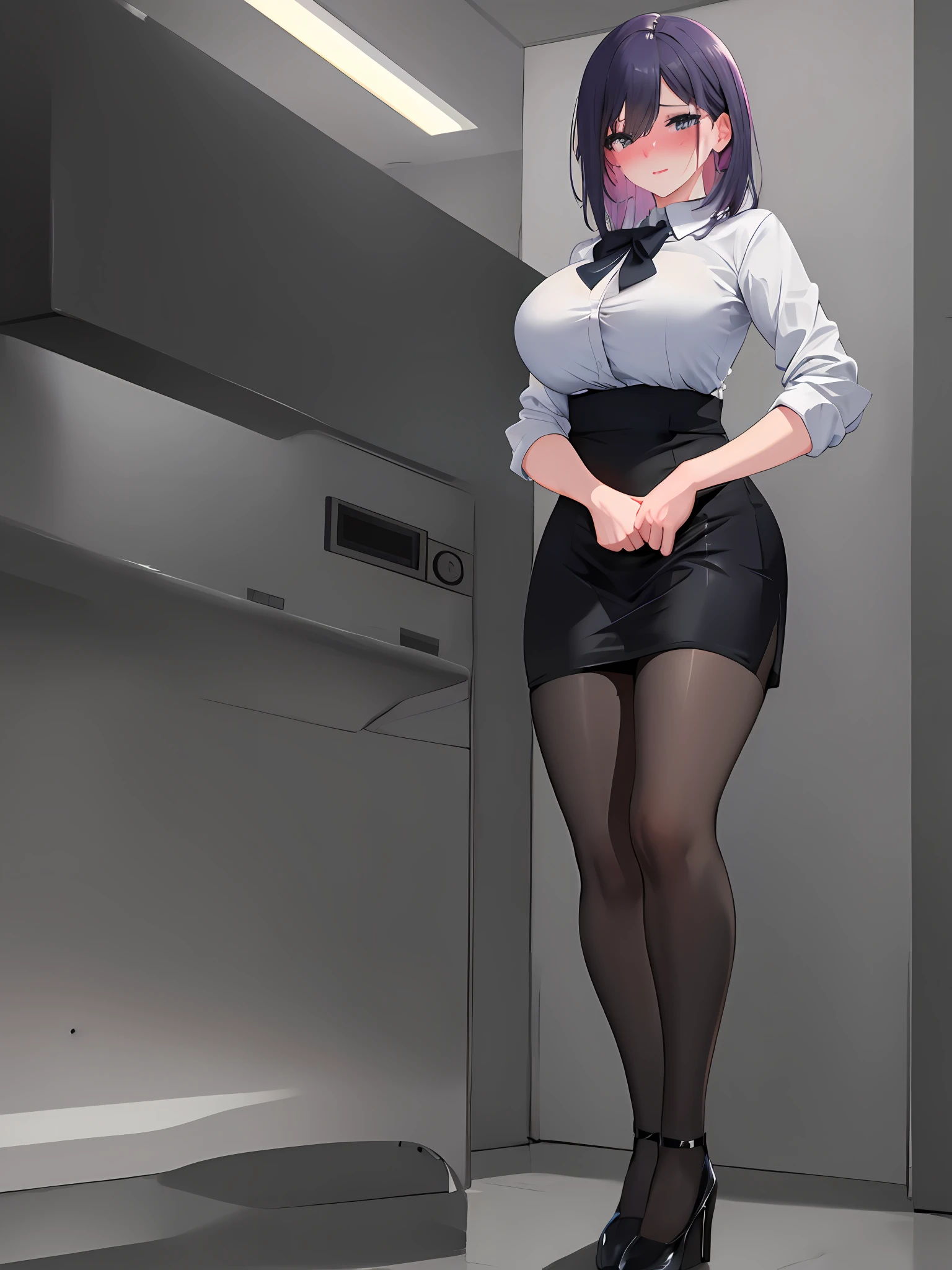 Full body photo of beautiful sexy secretary in miniskirt and seam stockings, fully standing, ((solo)), adult, in office, high heels, craving, sweating, seductive, wet, (huge breast: 1.3), blushing, thin waist, (girl peeing herself: 0.8)