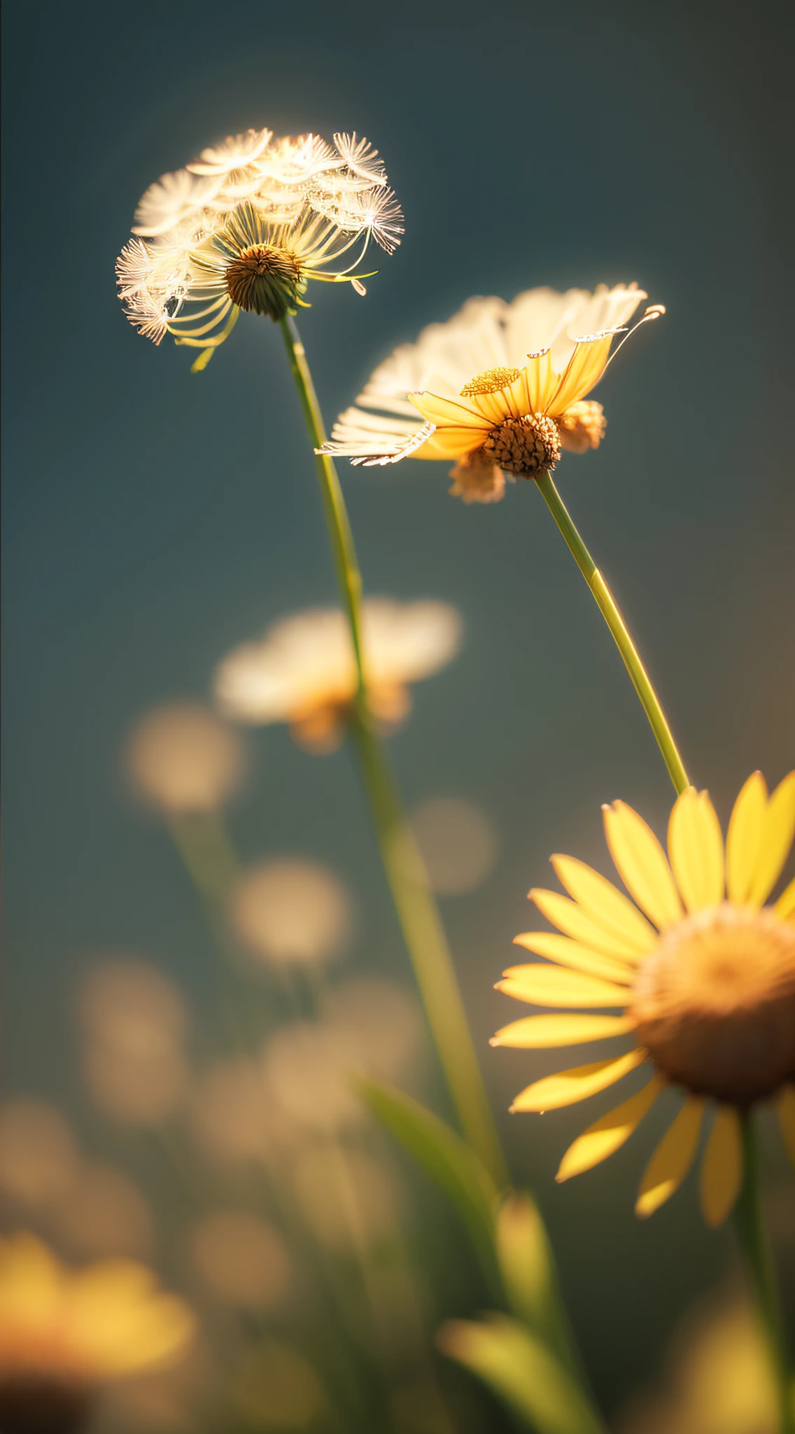 Dandelion close-up: Light, fluttering dandelion, covering the grass, like a touch of golden romance, conveying the seeds of hope to the world. , Realistic Photography, (Low Photo: 1.2), Detail, 8K, (to8contrast style), (MIST: 0.7), Vivid Colors, embellish2 Phtography, HDR RAW photo, 8K, highres, absurdres, Kodak Portra 400, film grain Bokeh, lens flare, vibrant color blurry background (best quality)masterpiece --auto --v 6