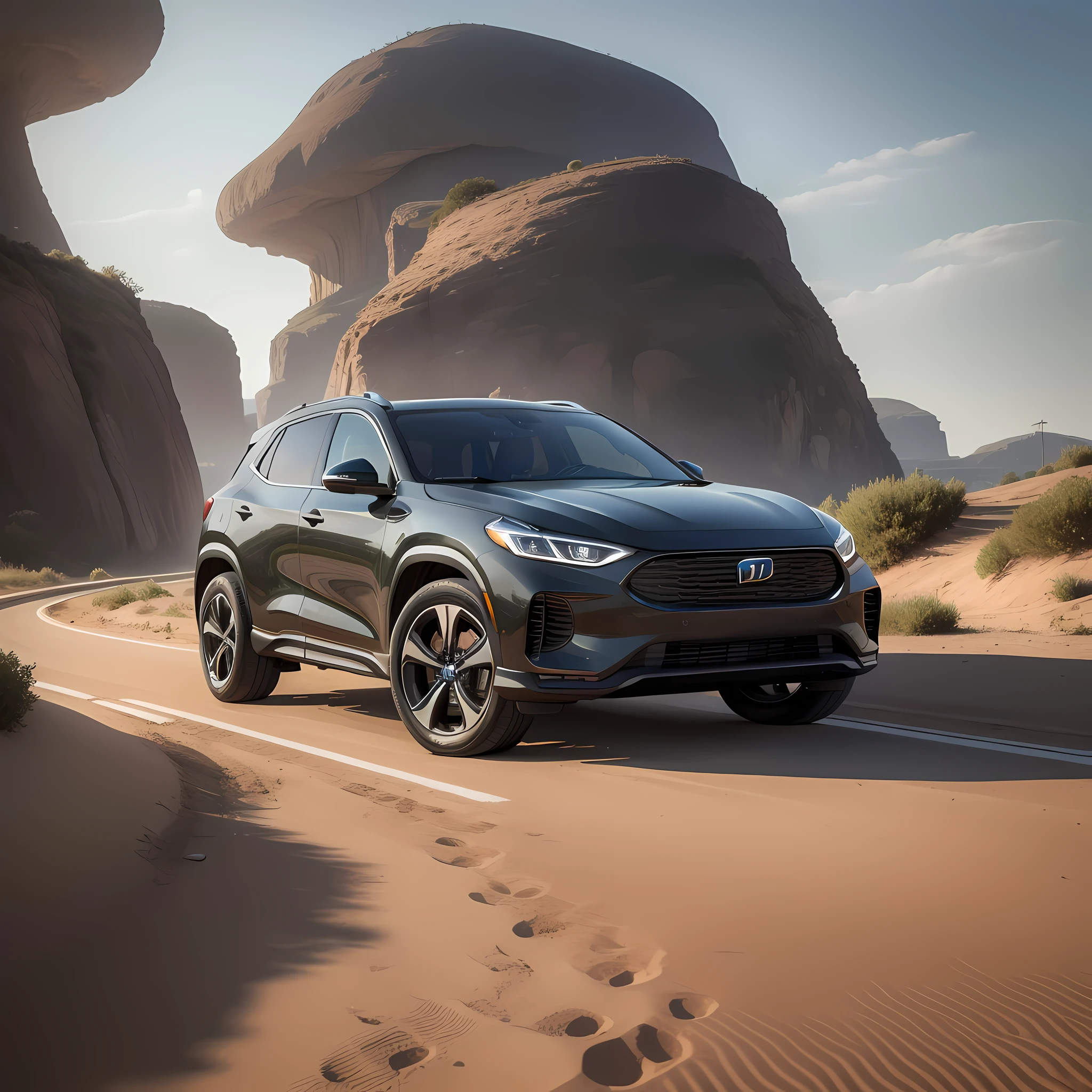 ray tracing, UHD, high quality, high detail, best quality, high resolution, 8k, a cool SUV, surrealism, electric elements, noon, cliff, motion blur, ultra wide angle, eye-level shot,