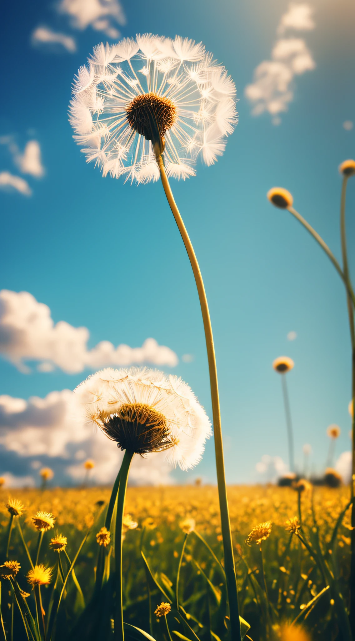 Dandelion: Light, fluttering dandelion, covered with grass, like a touch of golden romance, conveying seeds of hope to the world. , Realistic Photography, (Low Photo: 1.2), Detail, 8K, (to8contrast style), (MIST: 0.7), Vivid Colors, embellish2 Phtography, HDR RAW photo, 8K, highres, absurdres, Kodak Portra 400, film grain Bokeh, lens flare, vibrant color blurry background (best quality)masterpiece --auto --v 6