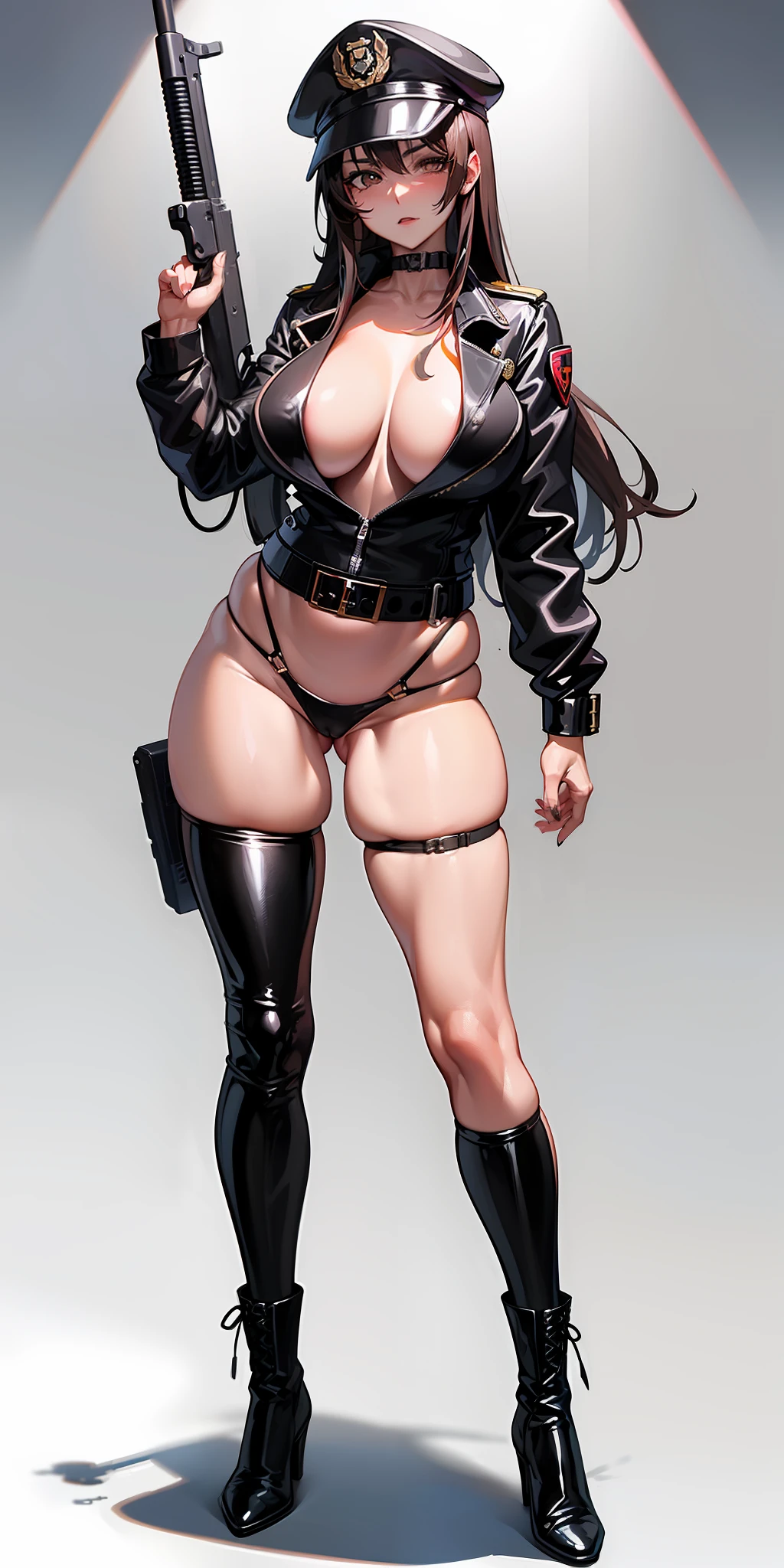 (Anime style), ((Mature Woman)), Female Policeman, Black Belt, Openware, Leather Jacket, Dark Brown Long Hair, Police Badge, Strap on Chest, Big Rifle, Gun, Dungeons with Bullet Hole Marks in the background, Thigh Height, Black Leather Boots, Provocative Poosing, High Leg, High Leg Thong, Night, Naked Tits, Clothes Dressed, Boobs, Side Boobs, Side Boobs, Cleavage, Police Uniform, Baseball cap, headset, under, ((low leg laces)), (((skindentation)), panties pulled down, exposed, (shiny on), glossy all over the body, buttocks focused, (standing, legs spread, bent), big buttocks, hip shots,