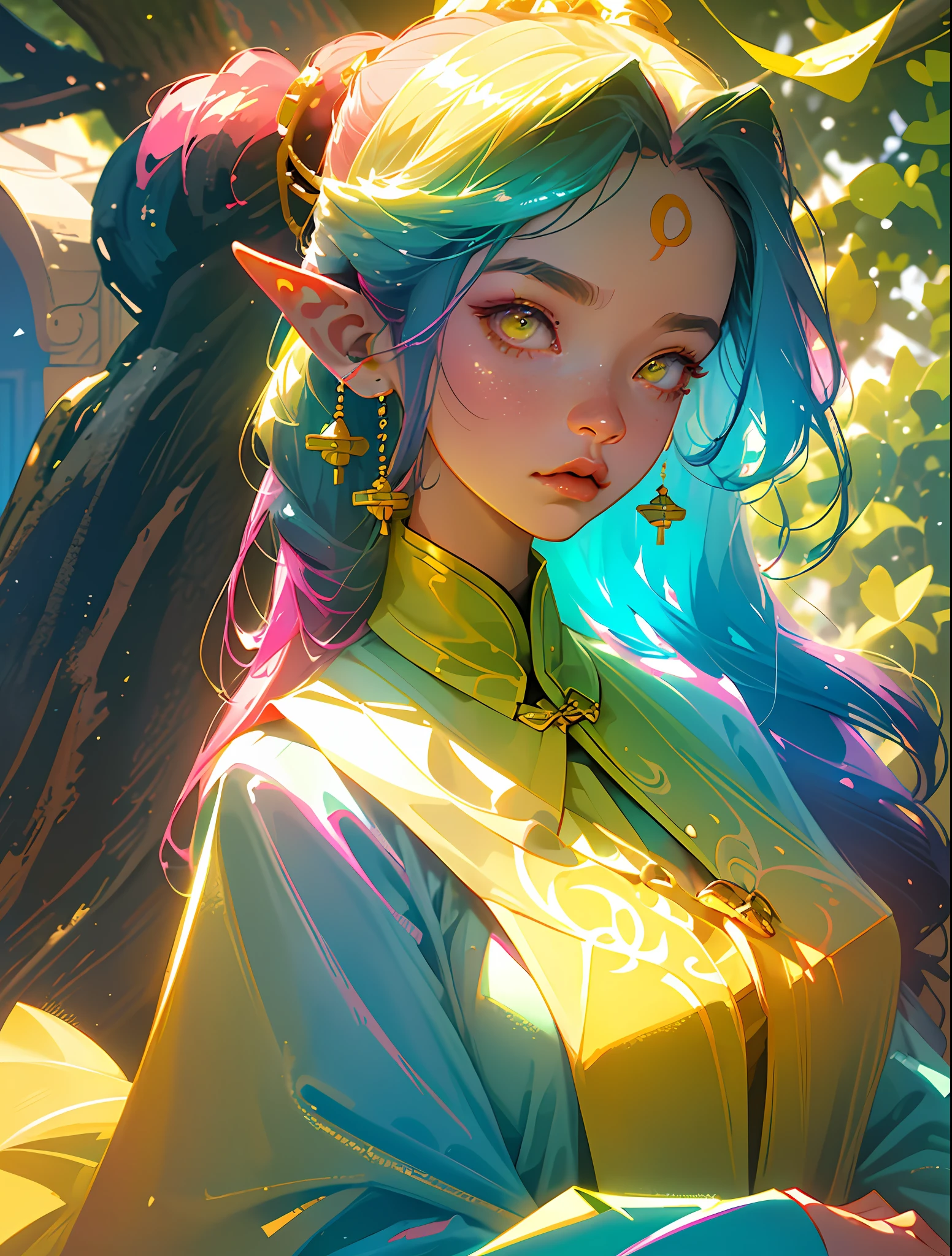 1woman, (big breasts), pink to blue ombre very long hair, close up, wearing chinese hanfu, (yellow gingko leaf), pink long horns on head, elf ears, yellow eyes, seductive, deep neckline, skin exposed, yellow gingko leaves in background, close up, portrait, ((yellow theme)) background, fat girl