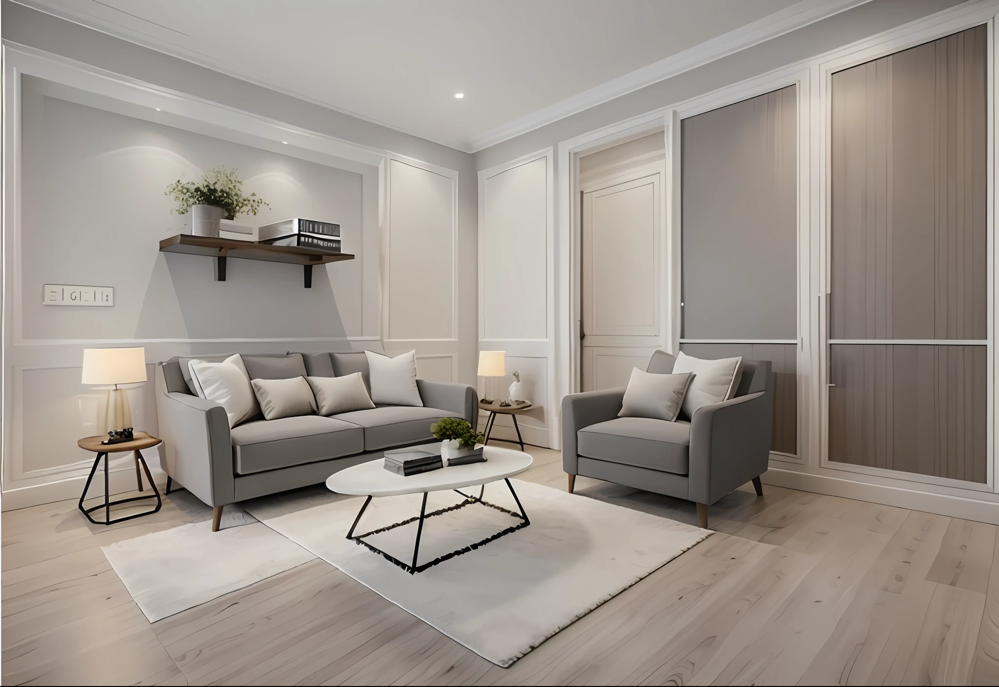 a view of a living room with a couch, chair, coffee table and a shelf, high quality 3d render, high quality 3 d render, interior living room, neo - classical style, neoclassical style, professional 3d render, very realistic 3 d render, high-quality render, excellent 3d render, professional render, living room interior design
