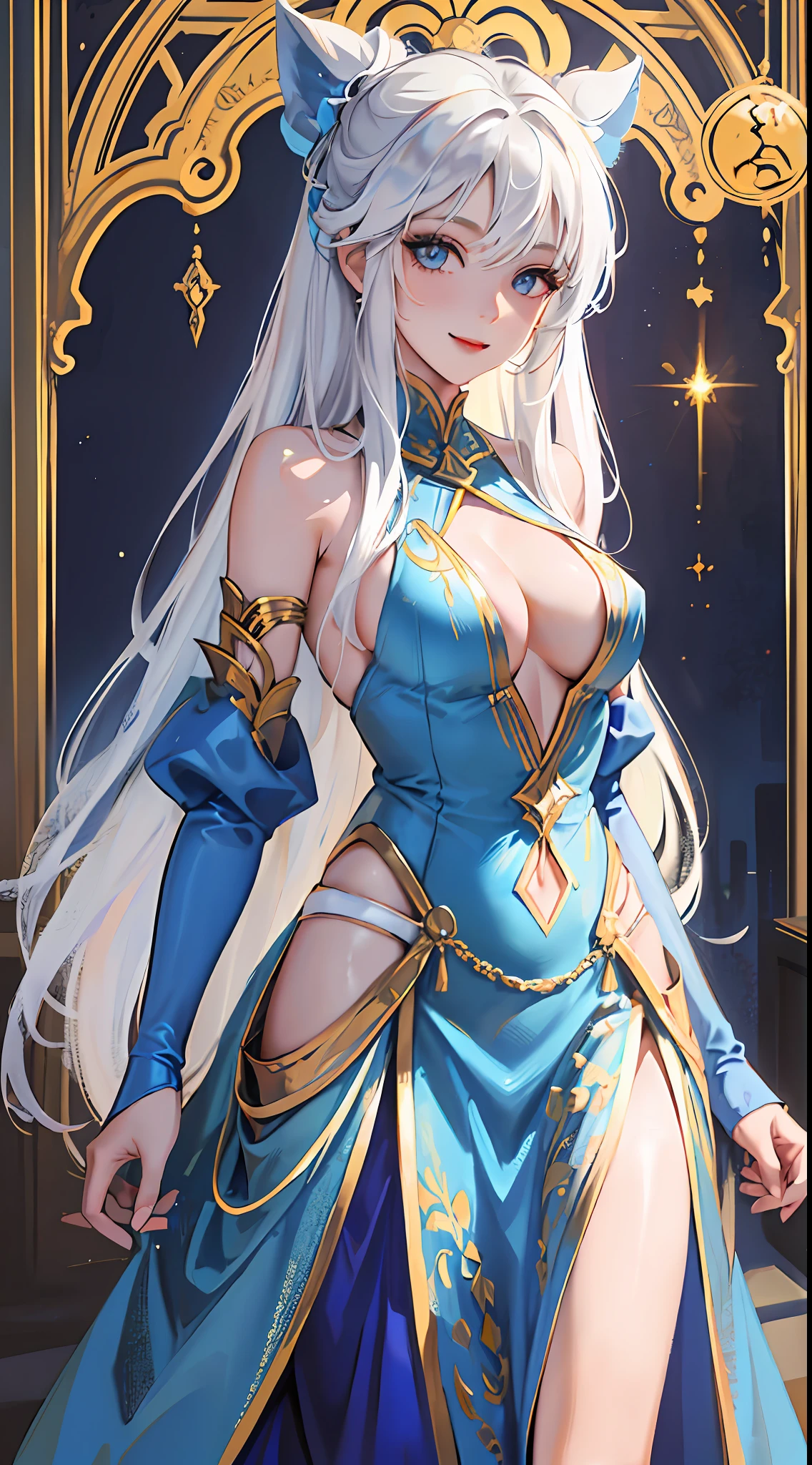 Young girl, long white hair, blue eyes, wide neckline, plunging neckline, smile, beautiful expensive dress, masterpiece, high quality