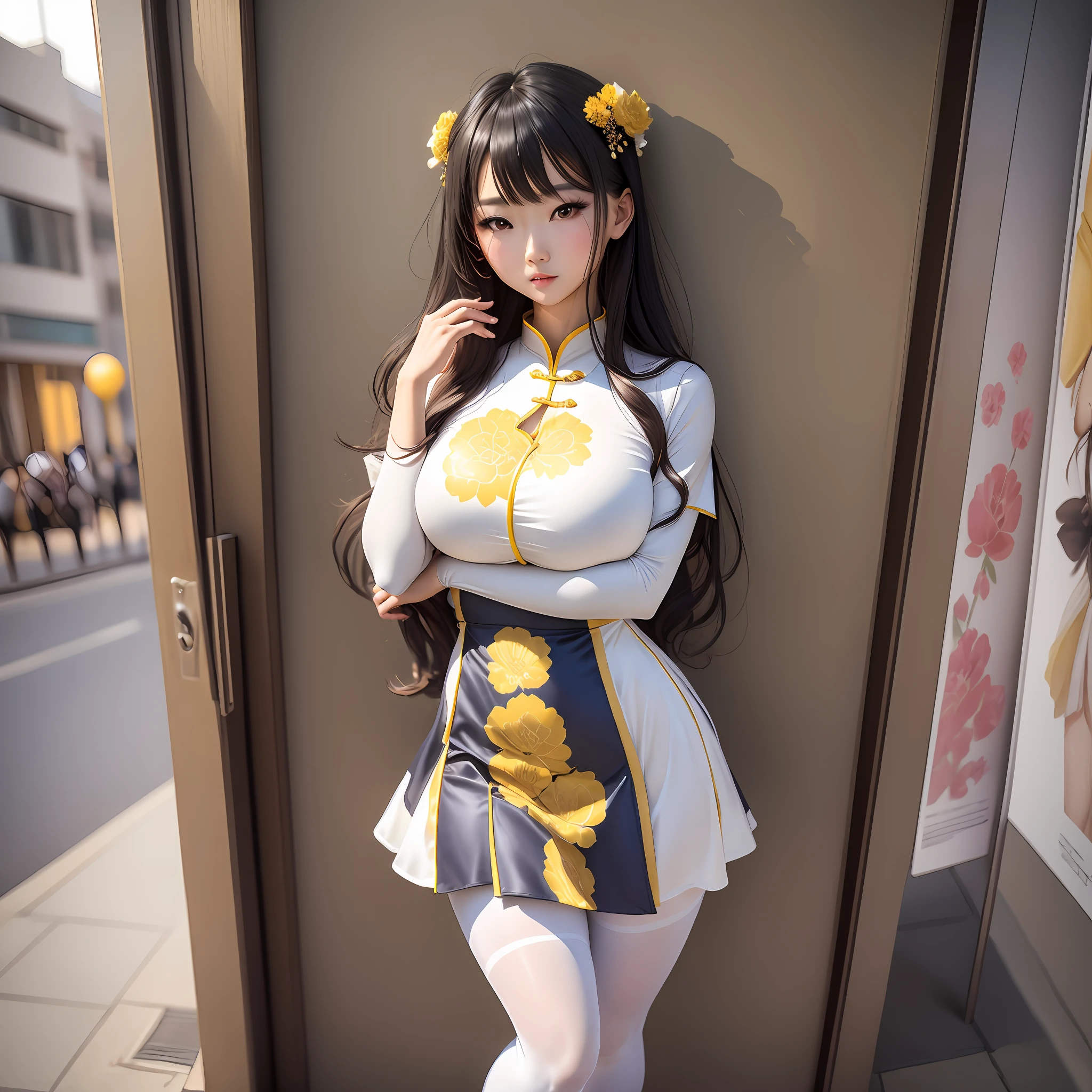 1girl, asian woman standing at school, posing for photos, a surreal woman, (single, full body: 1.5, young, big breasts: 1.2), detailed face, wearing a dress, long and beautiful flowing outfit, yellow fabric, yellow gorgeous dress, close-up of a woman, cute schoolgirl, golden ratio figure, funny costume, smooth white tights suit, gorgeous Chinese model, seductive anime girl, Japanese model, sexy outfit,