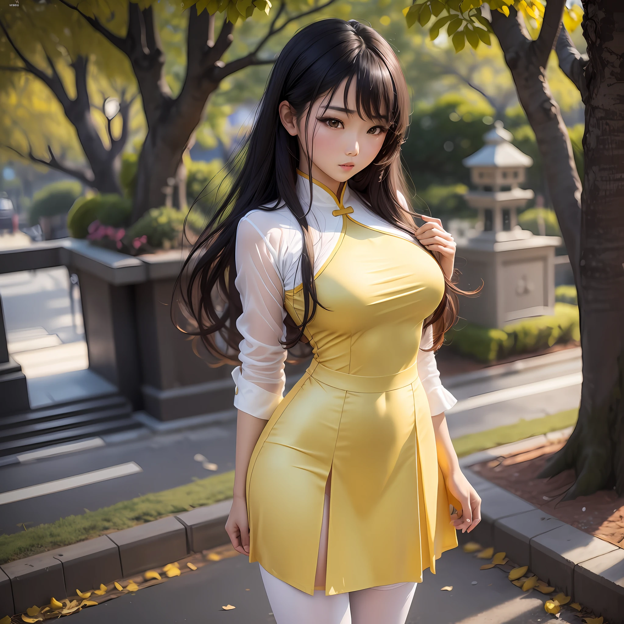 1girl, asian woman standing at school, posing for photos, a surreal woman, (single, full body: 1.5, young, big breasts: 1.2), detailed face, wearing a dress, long and beautiful flowing outfit, yellow fabric, yellow gorgeous dress, close-up of a woman, cute schoolgirl, golden ratio figure, funny costume, smooth white tights suit, gorgeous Chinese model, seductive anime girl, Japanese model, sexy outfit,