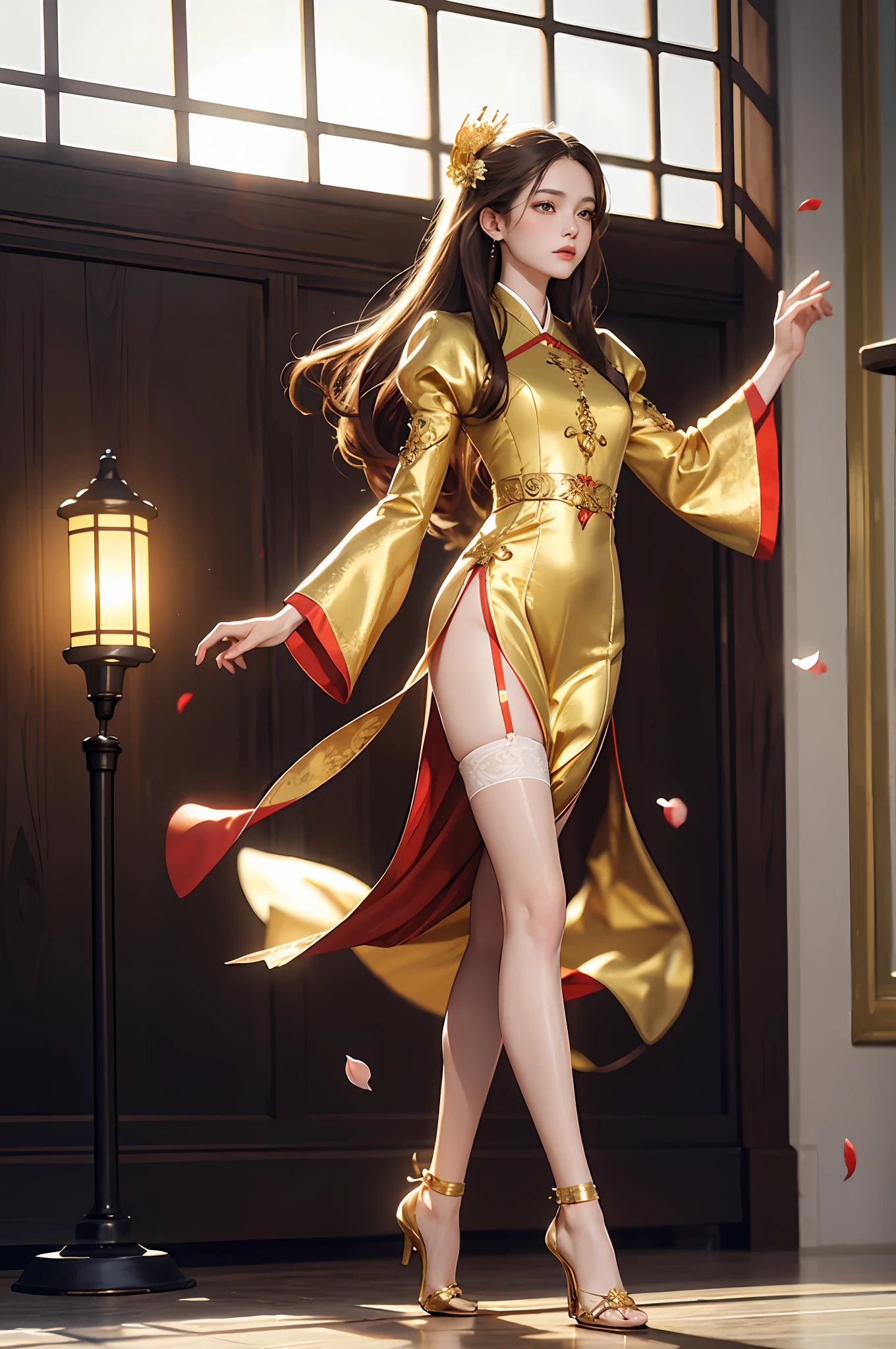 Superb Beauty, (Milky Skin: 1.3), Exquisite Details, High Resolution, Wallpaper, 1 Woman, Solo, Dress, Hair Accessories, (((Golden Red Dress)) ), Flower, Long Hair, Brown Hair, Shut Up, Accessories, Long Sleeves, Raised Hands, Wide Sleeves, Big Eyes, Flowing Hair, Hanfu, Hanfu, Embroidery, Long Dress, Natural Pose, Falling Petals, Indoor, Fanning, Lantern, 16K, HDR, High Resolution, Depth of Field, (Film grain: 1.1), Bocon, Primetime, (lens flare), vignette, rainbow, (color grading: 1.5), elegant heels, delicate anklet, (white suspender stockings: 1.5), delicate hands, details, high slit, cleavage