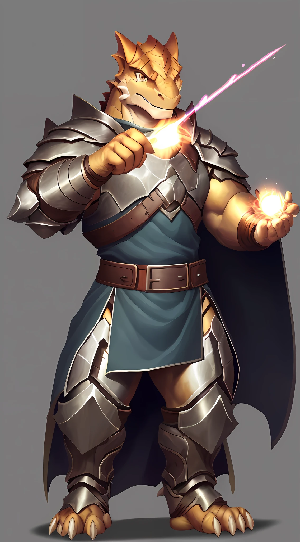 (lizard), (yellow), reptile, antro, (wearing tunic), wearing scales, (wearing heavy armor), high detail, high resolution, original photo, gray background, 1boy, solo, high quality, high resolution, sharp, detailed body, detailed, cartoon, ((holding magic)), ((looking at the audience)), (angry), crazy, t full, ((full body portrait)), distance, (((full body concept)), attack posture, combat posture, average figure, robust, strong, strongstrong