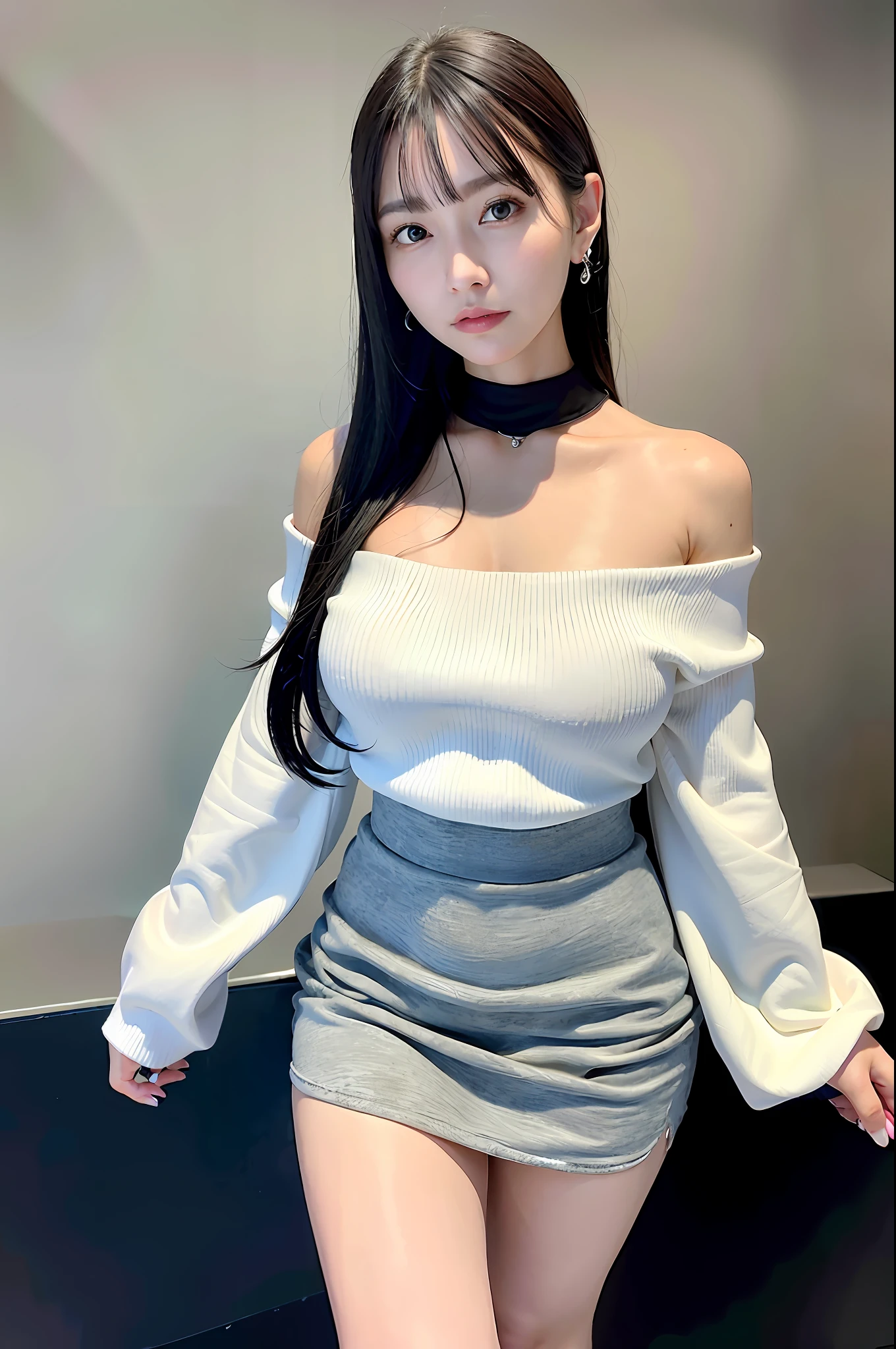Top quality, ultra high resolution, (photorealistic: 1.4), 1 girl, off-the-shoulder white shirt, black tight skirt, black choker, (faded ash-gray hair: 1), (huge breasts: 1.2), look viewer, close-up, slender legs, small breasts, shorts, dazzling light