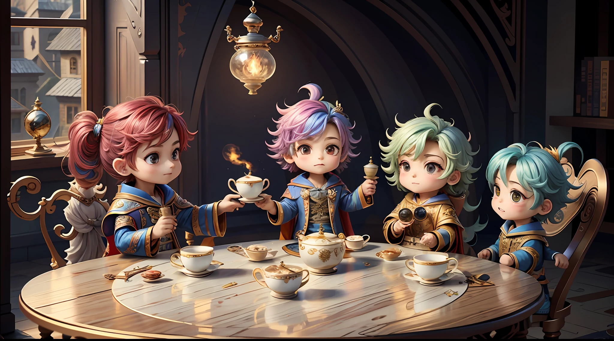 Masterpiece, best quality, chibi, wizard tea party, handsome male witch, beautiful witch, happy, vibrant, colorful