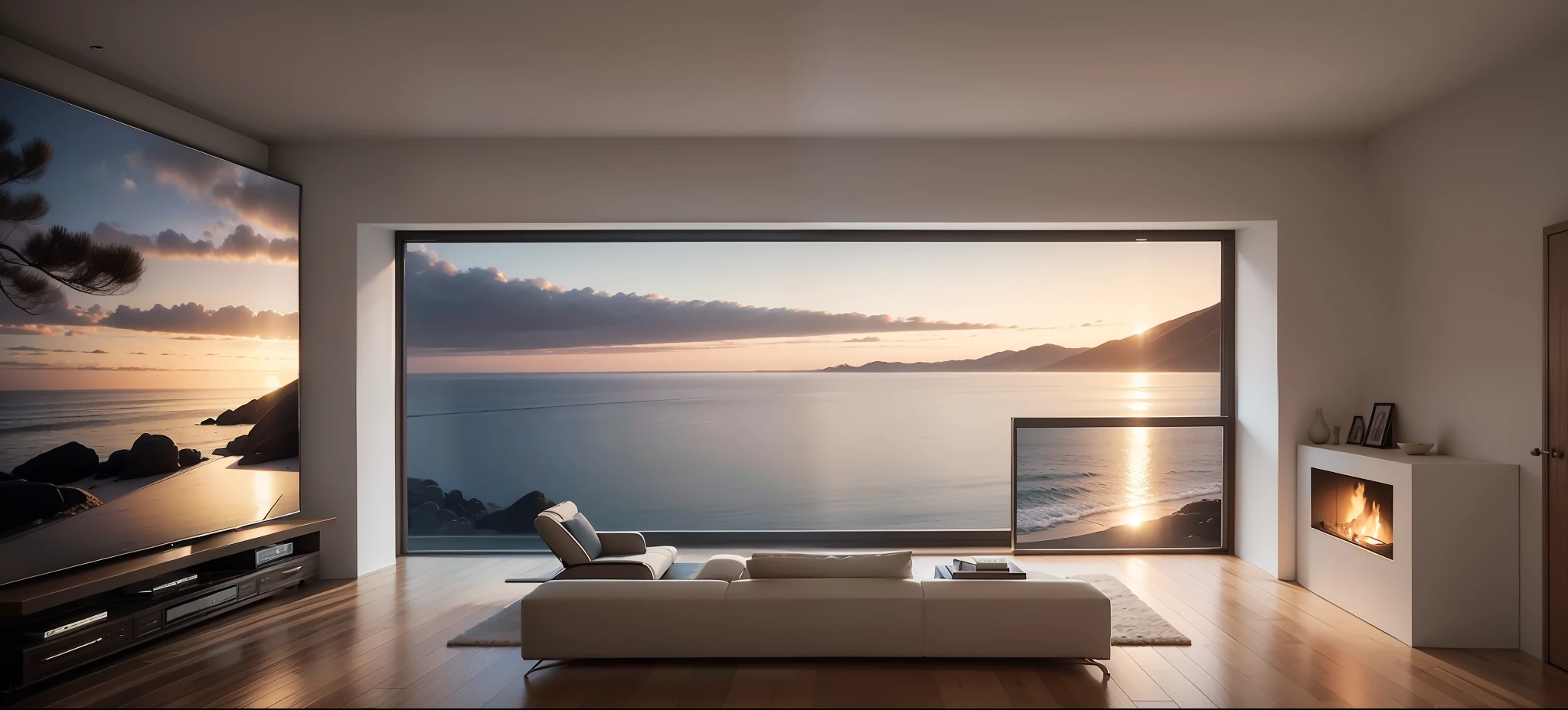 Wool lamb sofa, floor to ceiling glass with sea view, fireplace on the left, floor to ceiling TV, wooden floor --auto --s2