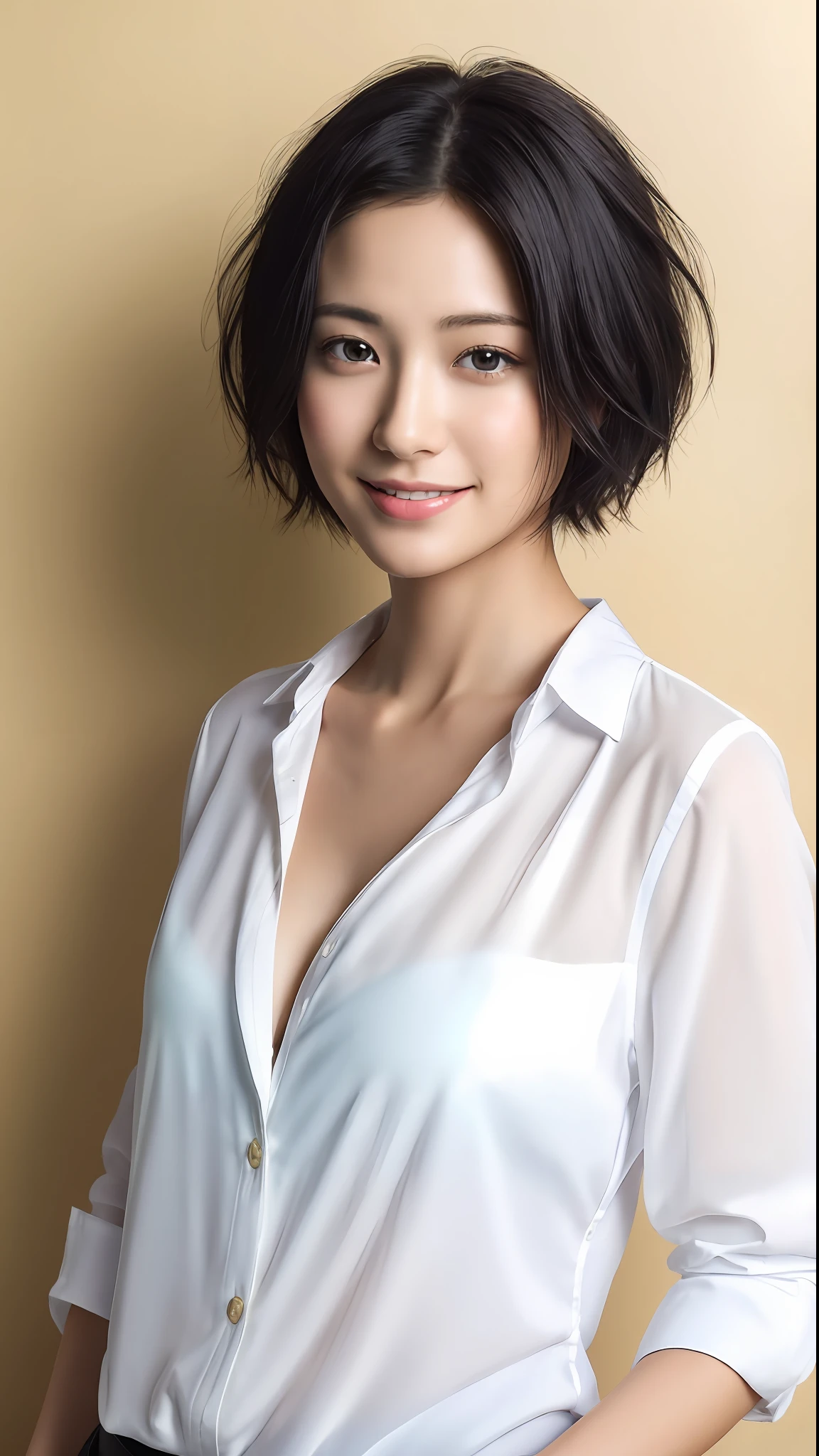 (masterpiece:1.3), (8k, photorealistic, RAW photo, best quality: 1.4), japanese, (1girl), beautiful face, (realistic face), (black hair, short hair:1.3), beautiful hairstyle, realistic eyes, beautiful detailed eyes, (realistic skin), beautiful skin, attractive, ultra high res, ultra realistic, highly detailed, golden ratio, detaled face,looking at viewer,smile,open white shirt,medium breasts,standing,hand on hip