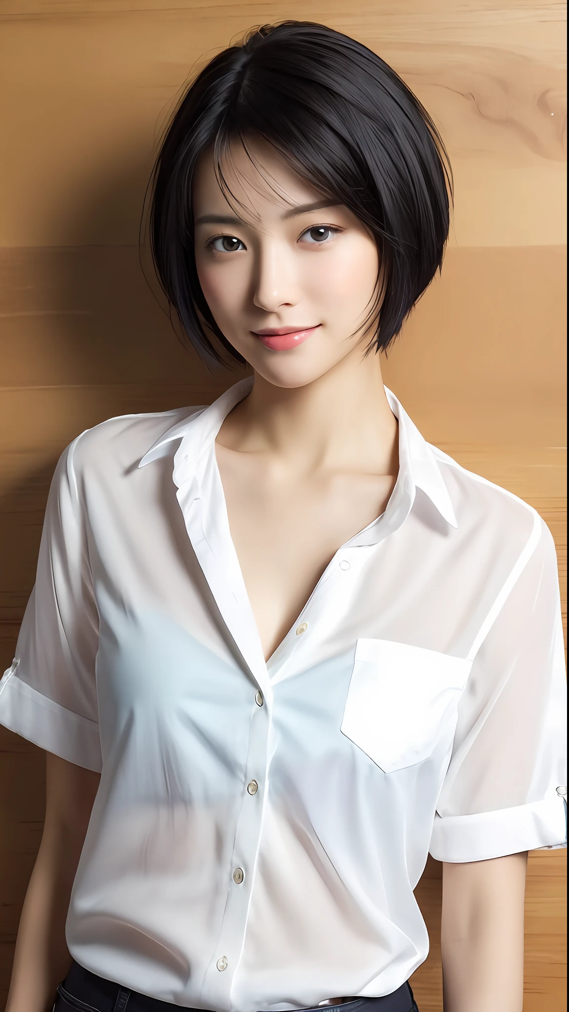 (masterpiece:1.3), (8k, photorealistic, RAW photo, best quality: 1.4), japanese, (1girl), beautiful face, (realistic face), (black hair, short hair:1.3), beautiful hairstyle, realistic eyes, beautiful detailed eyes, (realistic skin), beautiful skin, attractive, ultra high res, ultra realistic, highly detailed, golden ratio, detaled face,looking at viewer,smile,open white shirt,medium breasts,standing,hand on hip