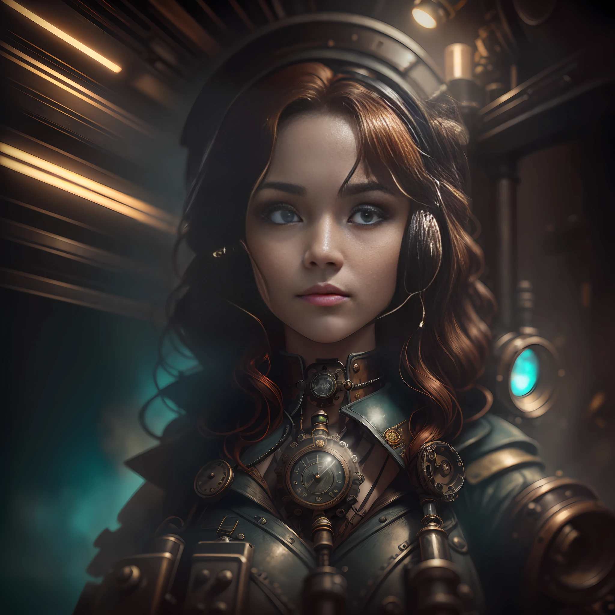 Masterpiece, absurdres, award winning photo, extremely detailed, amazing, fine detail, extremely detailed eyes and face, by lee jeffries nikon d850, film stock photograph, 4 kodak portra 400 camera, f1.6 lens, rich colors, hyper realistic lifelike texture, dramatic lighting, unrealengine trending on artstation cinestill 800 tungsten, beautiful rud woman, a woman with long ginger hair and dark green eyes, perfect rud face, perfect rud body, hyper photorealism, very high contrast photograph, street photography, cinematic lighting, dramatic lighting, (a 19 yo girl, (Ana de Armas:0.50), (redhead:1.1)), very cute, (perfect eyes:1.1), photorealistic wavy hair, looking down at her own hand, steampunk jumpsuit, intercom headset, steampunk choker, long leather boots, perfect detailed face, detailed symmetric green eyes with circular iris, fixing a steam engine in the steampunk garage filled with steam and smoke, intricate, hdr, intricate details, detailed, cinematic, cogs and gears, steamy background with lots of steam pipes and steam valves and pressure gauges and gears, realistic, stunning realistic photograph, 3d render, octane render, cinematic, Isometric, Centered, hyperealistic cover photo, awesome full color, 12k, high definition, portrait featured on unsplash, smooth, ultra high definition, 8k, ultra sharp focus, intricate artwork, masterpiece, ominous, epic, highly detailed, warm cinematic, a girl in a light gray uniform sitting on a machine, young girl in steampunk clothes, in a steampunk laboratory, steampunk inventor girl, in a steampunk world, woman in a dark factory, steampunk fantasy style, steampunk , steampunk aesthetic --auto --s2