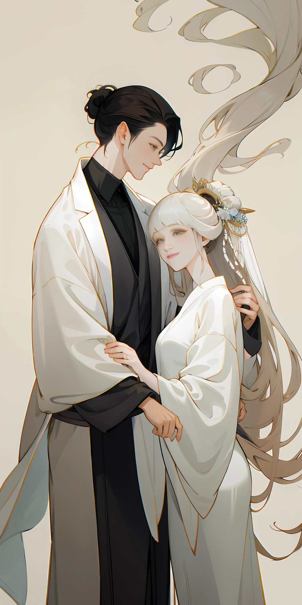(A couple, beautiful girl and boy), big watery eyes, looking at each other, smiling and wearing white clothes, delicate hair, an ancient Chinese beauty and Handsome guy, wearing ancient Chinese clothing, flowing tulle, light silk,(clean background), ink painting style, clean color, decisive cutting, blank, freehand, masterpiece, super detailed, epic composition, high quality, the highest quality, 4k