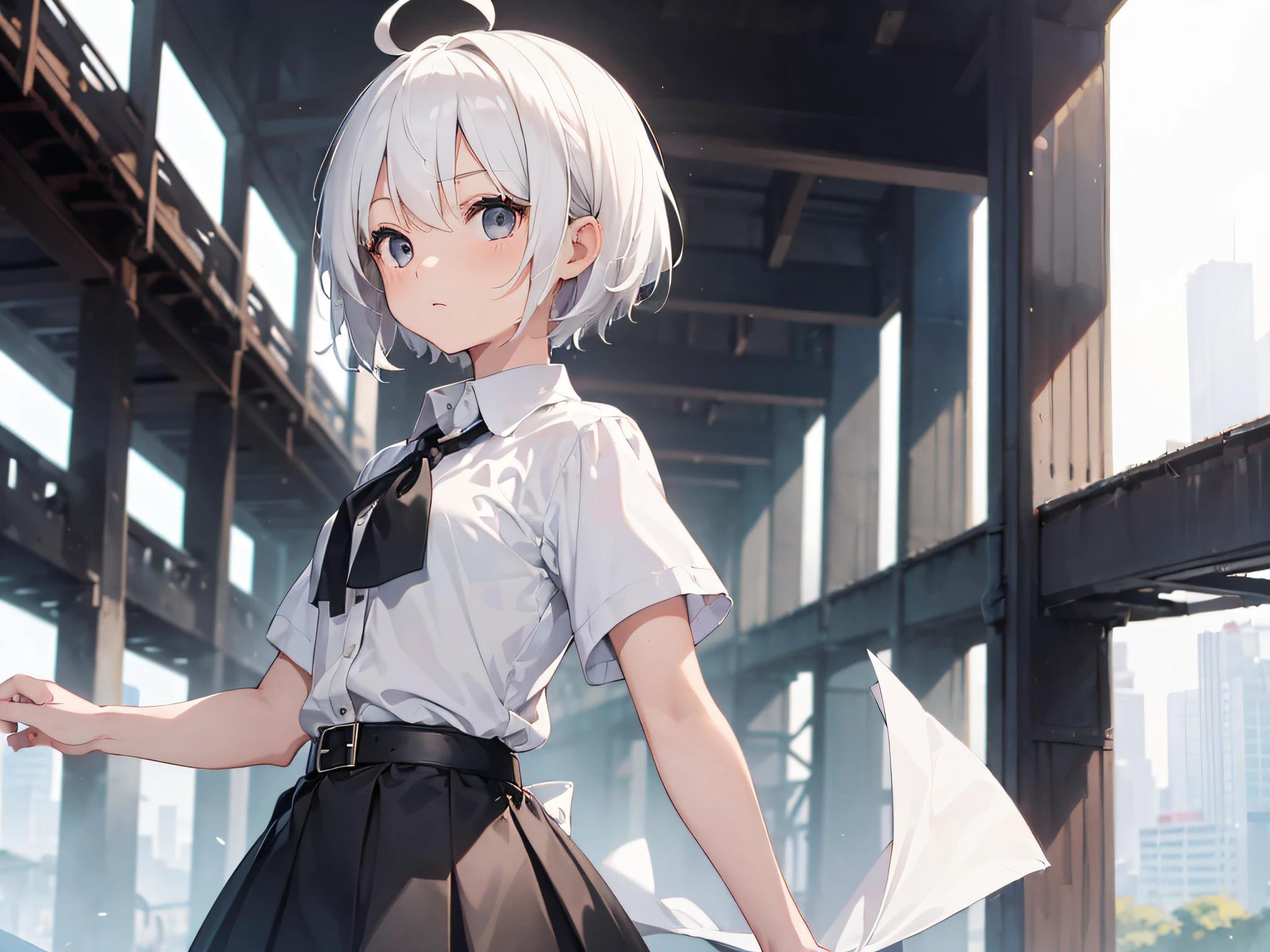 ((masterpiece, best quality)), (1girl), (solo), (female focus), (ahoge, white hair, short hair), black eyes, ((white shirt), (buttoned shirt)), ((black skirt), (short skirt)), standing, white background, behind arms,