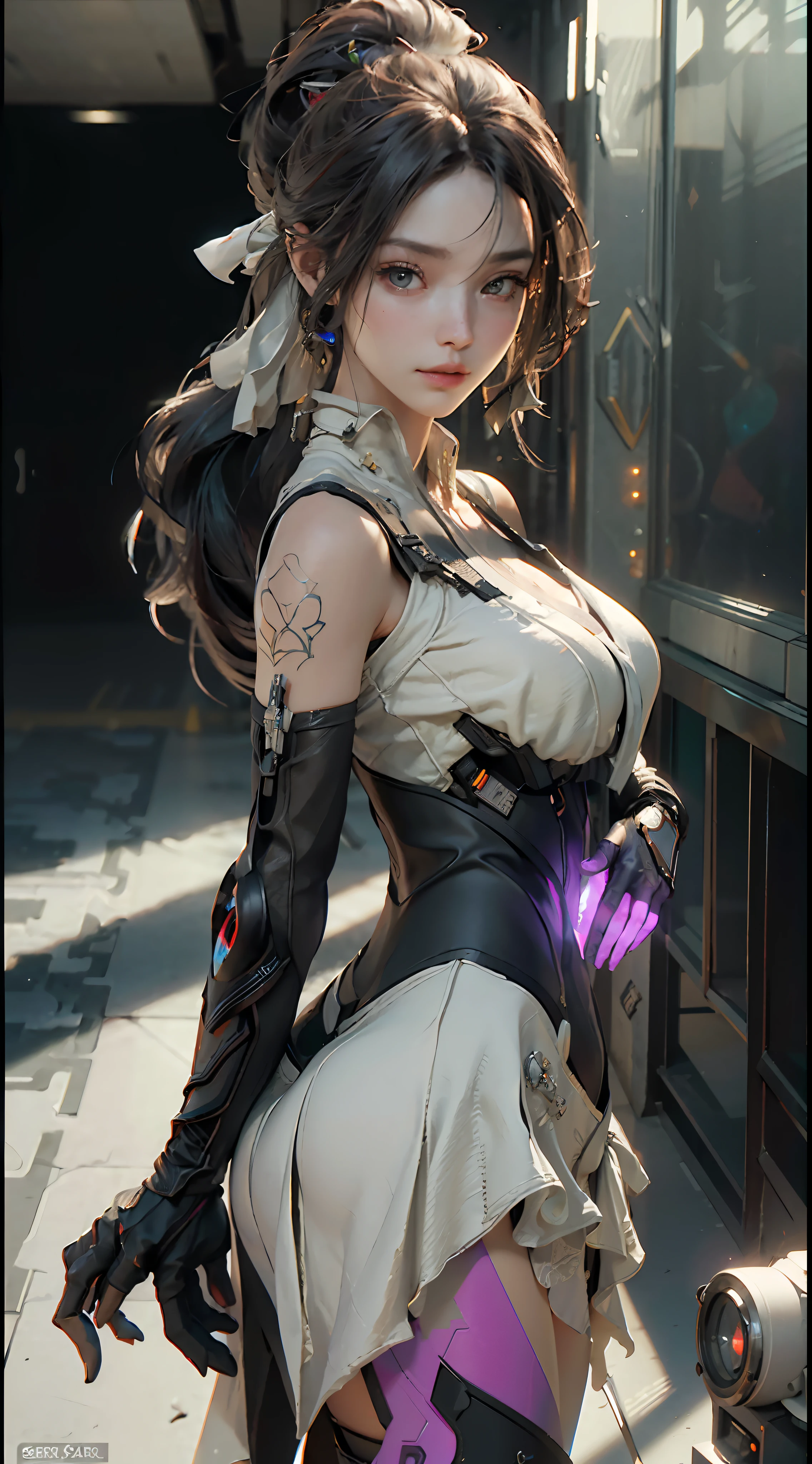 ((Best quality)), ((masterpiece)), (detailed:1.4), 3D, an image of a beautiful cyberpunk female,HDR (High Dynamic Range),Ray Tracing,NVIDIA RTX,Super-Resolution,Unreal 5,Subsurface scattering,PBR Texturing,Post-processing,Anisotropic Filtering,Depth-of-field,Maximum clarity and sharpness,Multi-layered textures,Albedo and Specular maps,Surface shading,Accurate simulation of light-material interaction,Perfect proportions,Octane Render,Two-tone lighting,Wide aperture,Low ISO,White balance,Rule of thirds,8K RAW,