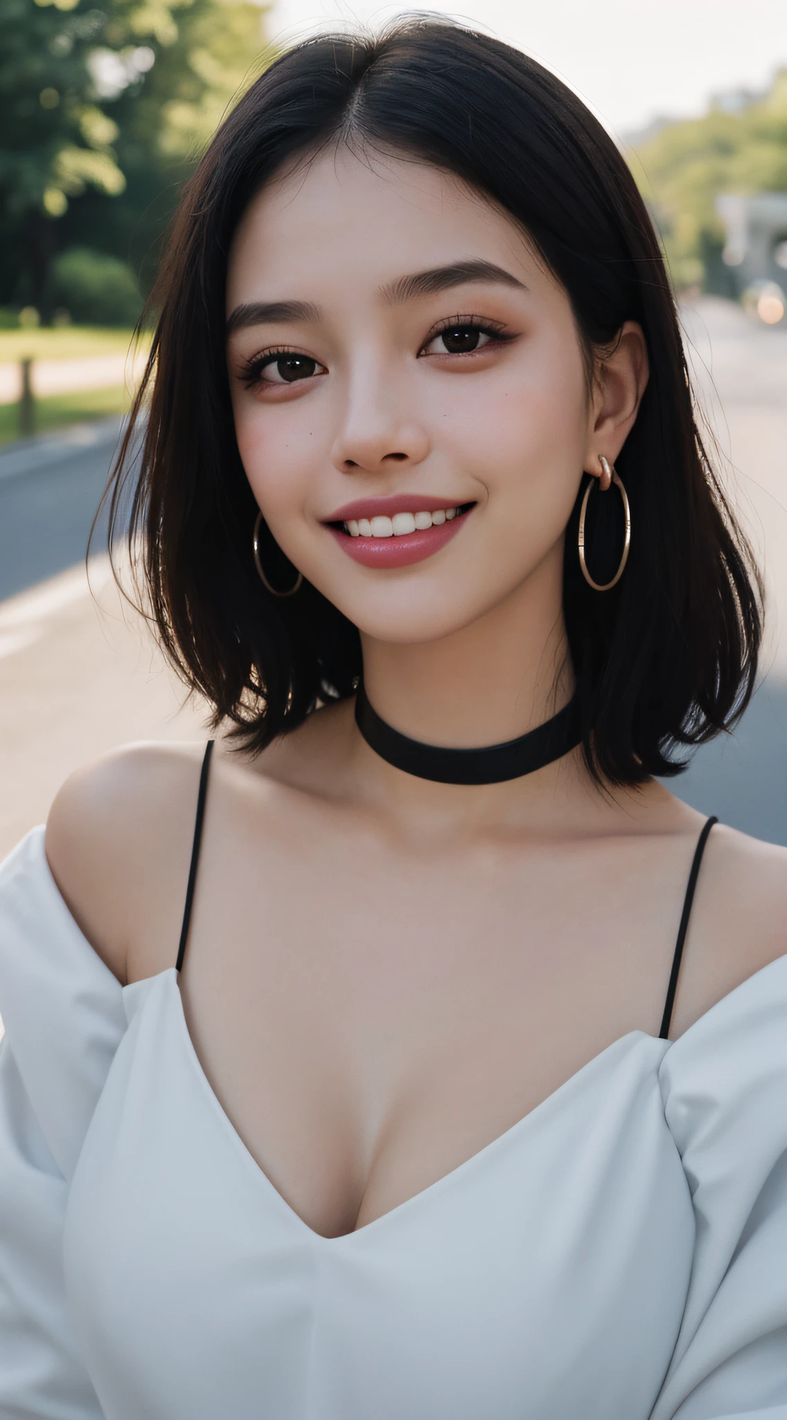 masterpiece, film grain, upper body photo of a Young girl in a white camisole, solo, absurdity, realistic(face, body, skin), (cute:1.35), cuties, (big breasts:1.275), detailed black eyes, innocent eyes, blusher, light(loose & oversize black jacket:1.2), (bare shoulder), black choker, earrings, short hair, (messy bob hair), areola slip, areola slip out, shiny pink lips, closeup, look at viewer, open lips, upper teeth, (smiling eyes:0.375), ((grinning:1.125)), depth of field, outdoors, cinema light, blurred background, eye focus, Bokeh, Professional Lighting, Portrait, Photon Mapping, Radiosity, Physically Based Rendering, soft light,