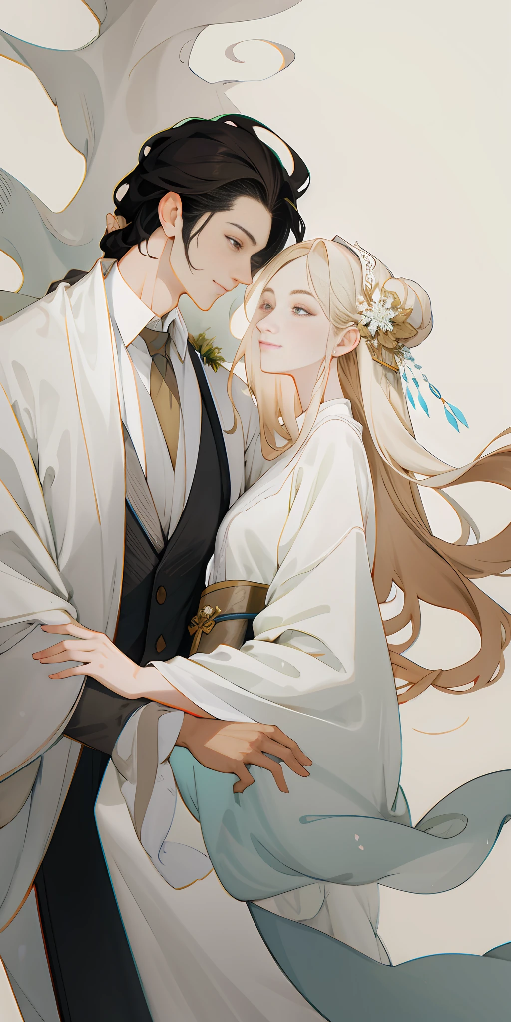 (A couple, beautiful girl and boy), big watery eyes, looking at each other, smiling and wearing white clothes, delicate hair, an ancient Chinese beauty and Handsome guy, wearing ancient Chinese clothing, flowing tulle, light silk,(clean background), ink painting style, clean color, decisive cutting, blank, freehand, masterpiece, super detailed, epic composition, high quality, the highest quality, 4k