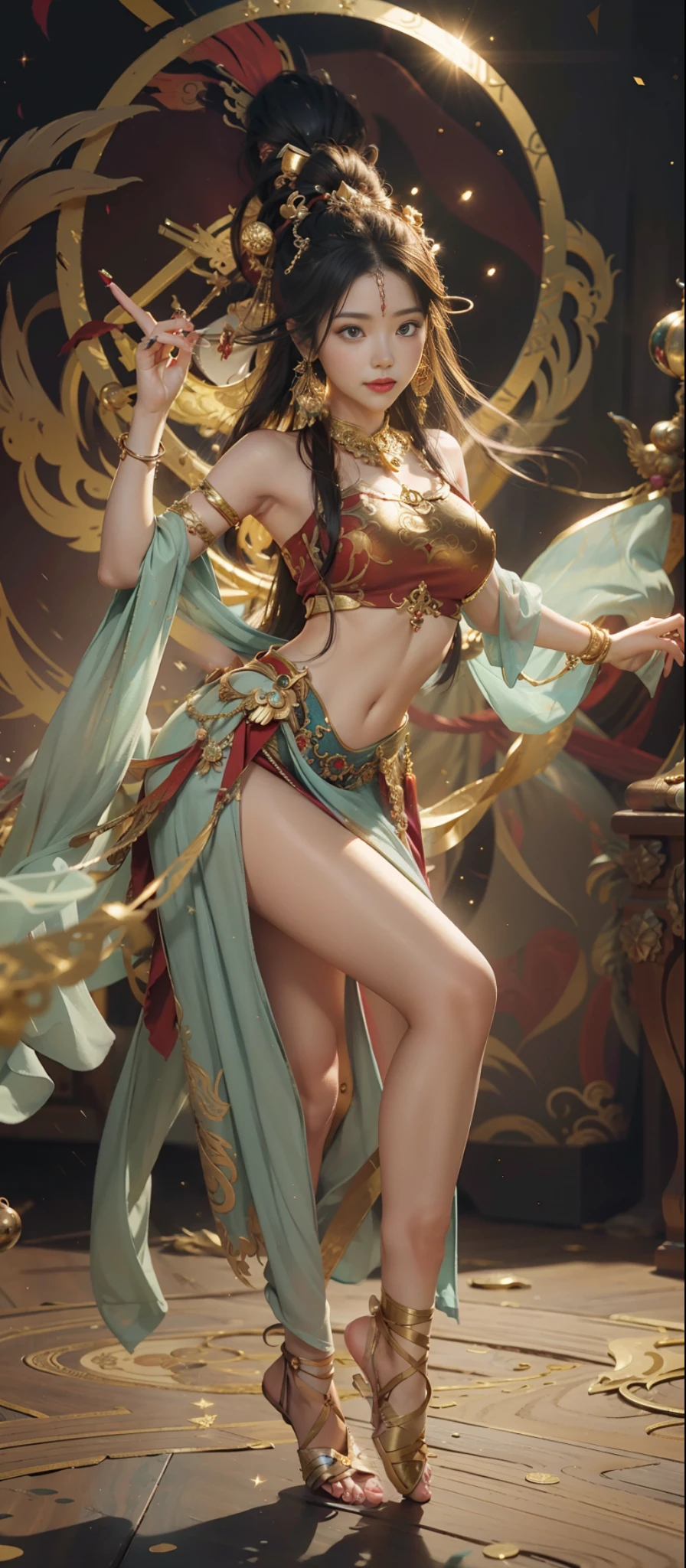 Dunhuang style, 1girle, shoulders, navel, flying fairy, Dunhuang mural in background, dance, black hair, very long hair, hair ornaments, ribbons, earrings, gold jewelry, hair bubbles, copper bells, red clothes, flowers on the head, gradient eyes, smile, no shoes, full body portrait, surrealism, high detail, romanticism, film lighting, glitter, reflected light, masterpiece, super detail, textured skin, anatomically correct, high detail, best quality, high quality, award-winning, 8K
