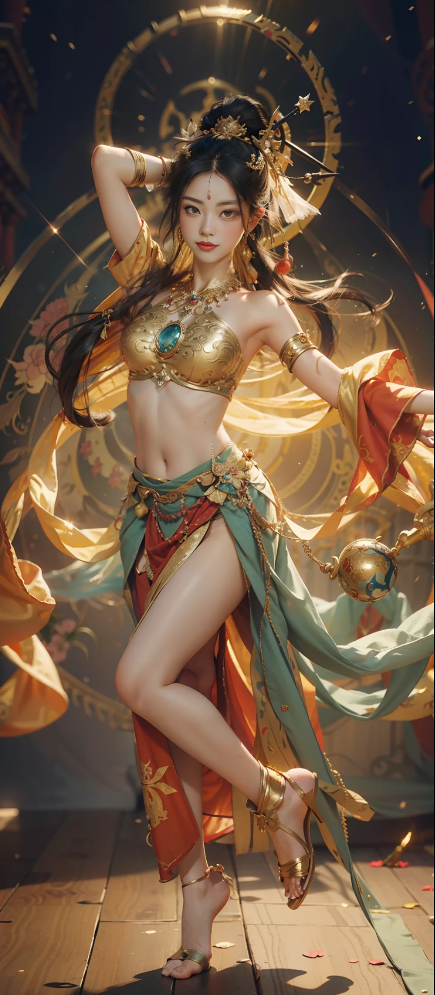 Dunhuang style, 1girle, shoulders, navel, flying fairy, Dunhuang mural in background, dance, black hair, very long hair, hair ornaments, ribbons, earrings, gold jewelry, hair bubbles, copper bells, red clothes, flowers on the head, gradient eyes, smile, no shoes, full body portrait, surrealism, high detail, romanticism, film lighting, glitter, reflected light, masterpiece, super detail, textured skin, anatomically correct, high detail, best quality, high quality, award-winning, 8K