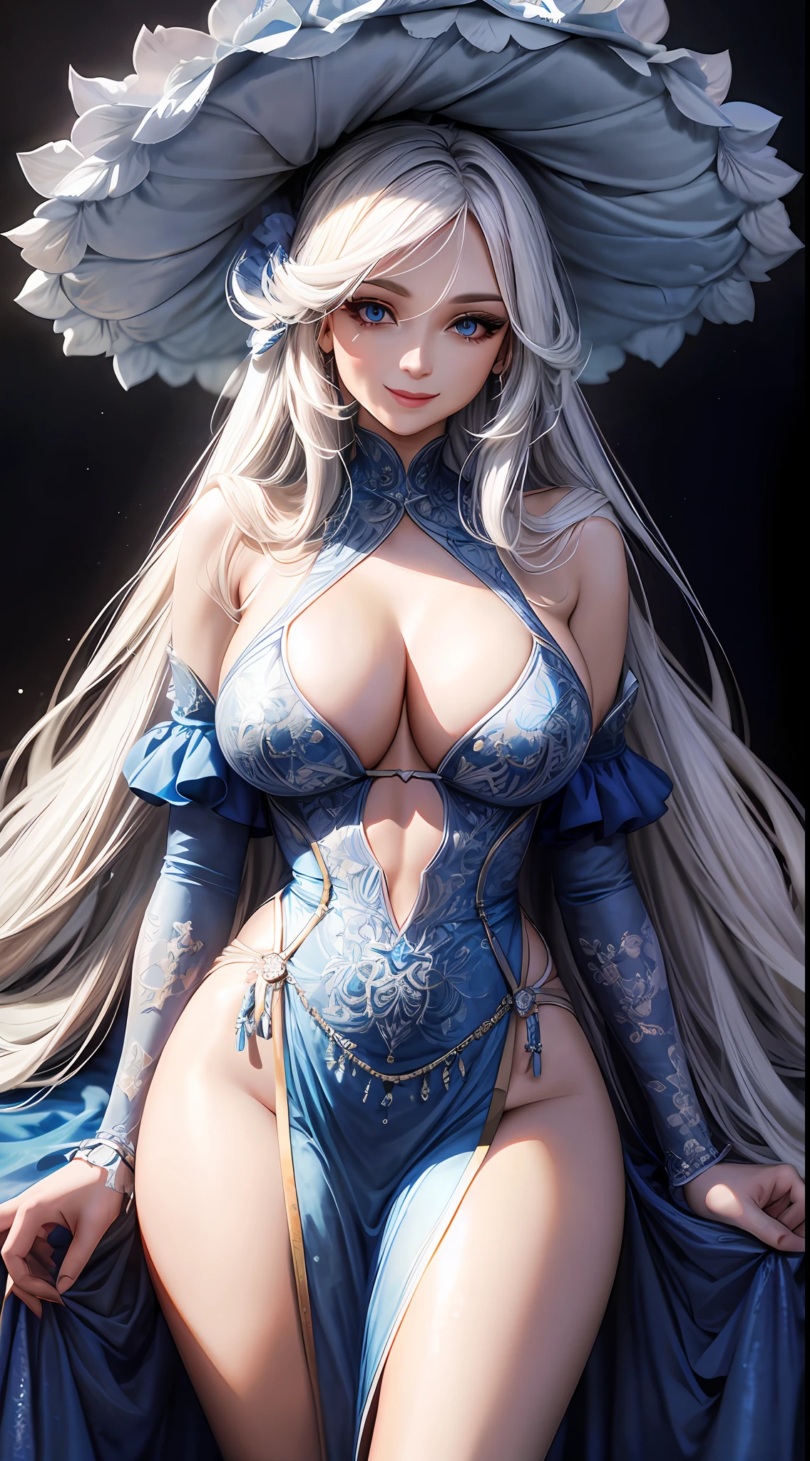 Adult woman, long white hair, blue eyes, wide neckline, plunging neckline, smile, beautiful expensive dress, masterpiece, high quality
