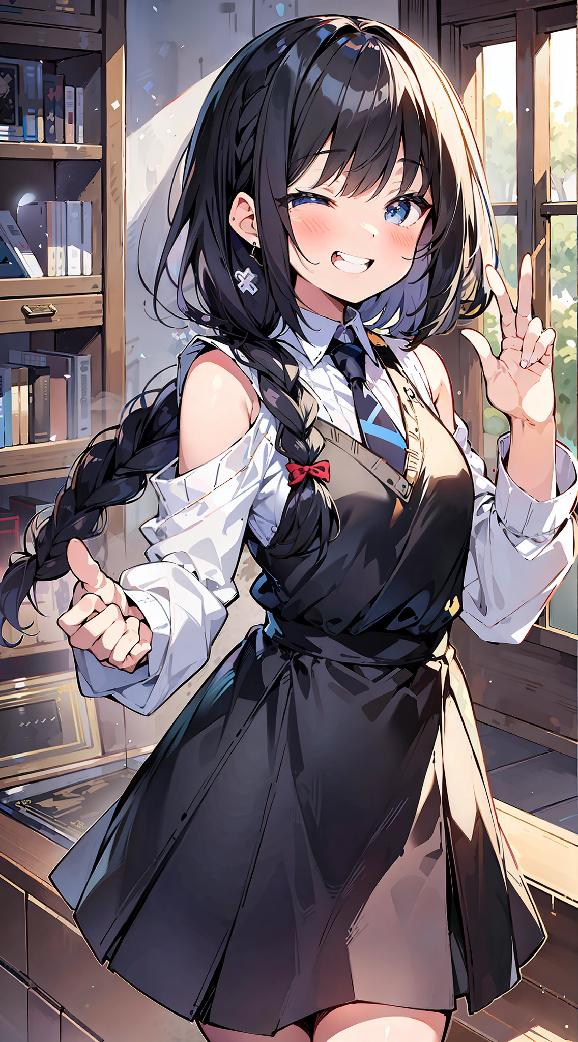 anime girl in a school uniform posing in a library, anime moe artstyle, kantai collection style, anime visual of a cute girl, marin kitagawa fanart, with index finger, small curvy , from girls frontline, cute anime waifu in a nice dress, lolidress, official character art, splash art anime loli, angirl wearing a black dress