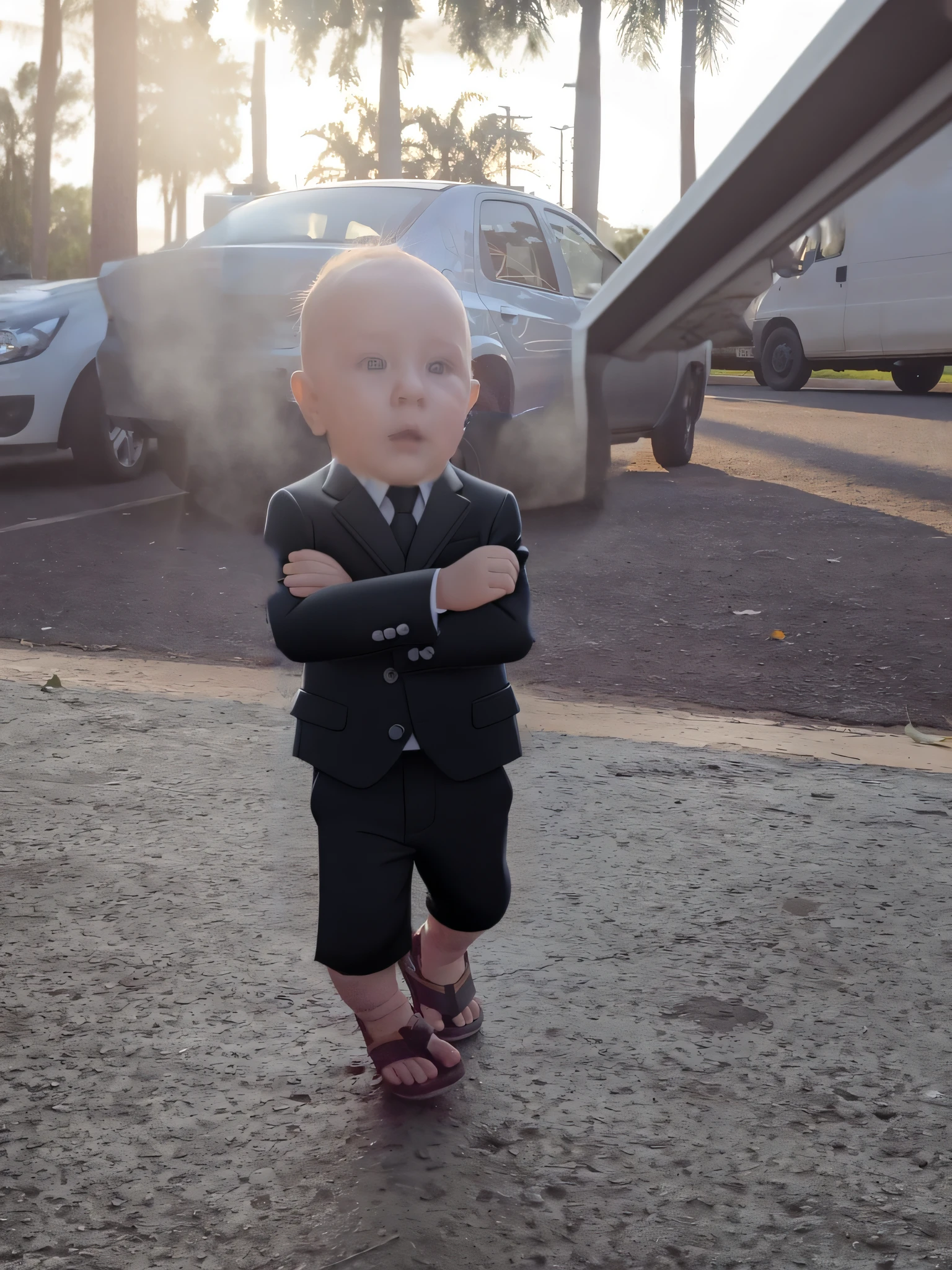 Black suit for baby, arms crossed, realistic animated style
