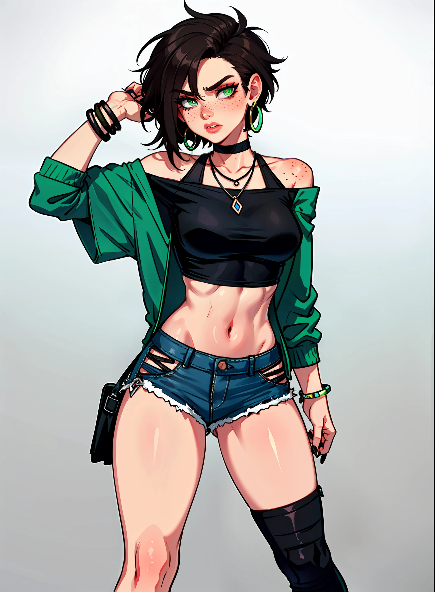 1girl, 1 person, solo female, has short, messy dark brown hair that she usually wears in a tousled style. Her face is angular with high cheekbones, a straight nose, and full lips. She has bright green eyes that are often smudged with black eyeliner, giving her a slightly edgy look. Her skin pale and dotted with a few freckles across her nose and cheeks. tall and lean with a toned, athletic build from years of playing sports. broad shoulders and a narrow waist, giving her an androgynous look. Casual clothing usually black like baggy t-shirts, hoodies, and ripped jeans. wears sneakers or combat boots and accessorizes with simple jewelry like leather bracelets or silver hoop earrings. Despite her tomboyish style, she still likes to show off her femininity with small touches like painted nails or a delicate necklace.
