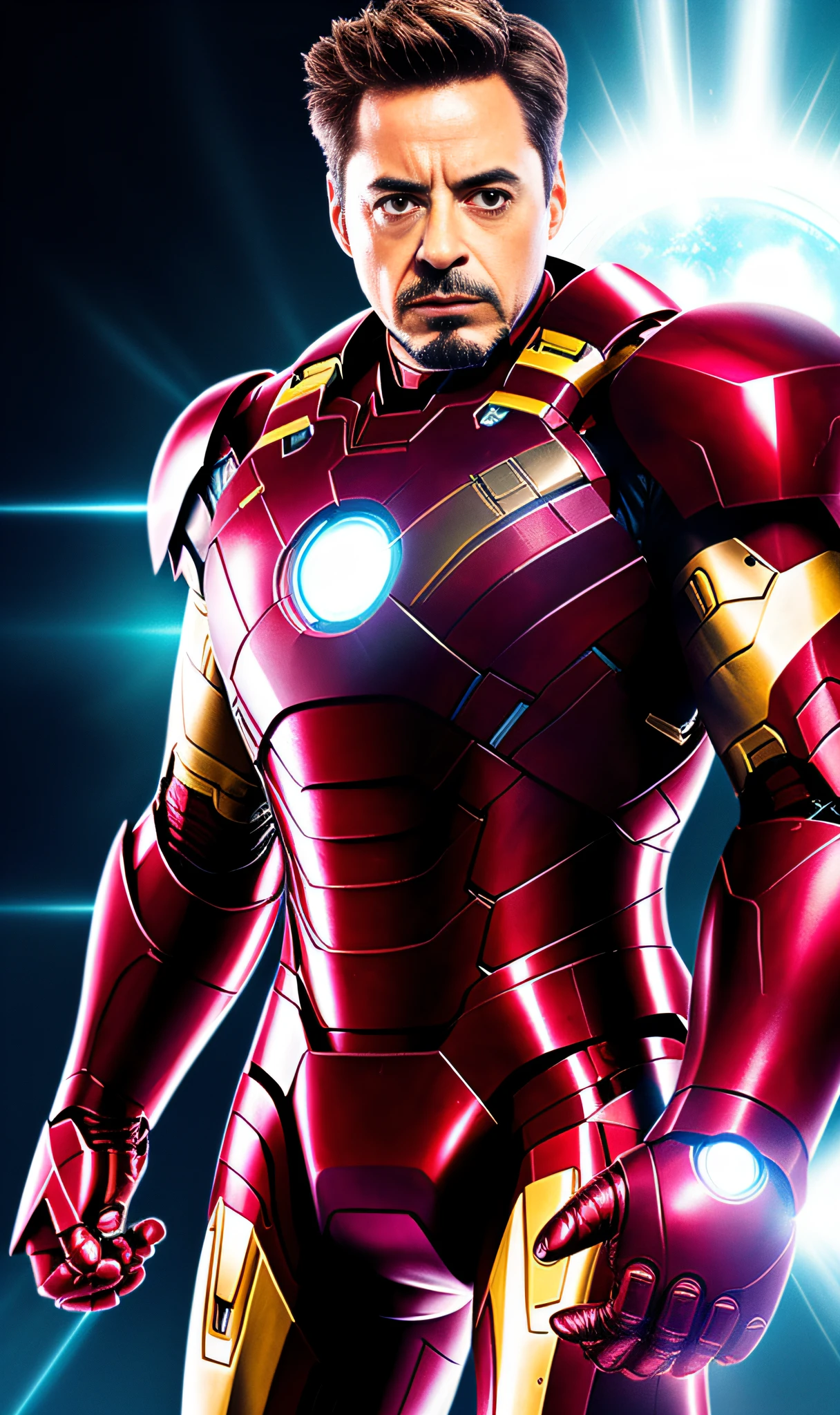 (Masterpiece: 1.1, highest quality, super detail), high resolution, perfect human figure, blue eyes, stubble, iron man, contrast of light and shadow, black background, (Robert Downey Jr.: 1.3), dynamic pose, superhero landing pose, perfect hand, perfect leg, perfect five fingers, confident look, symmetrical hand, ultra-realistic, five fingers each, The Iron Man suit is worn by Robert Downey Jr., mechanical Iron Man, in every detail (face guard open, Robert Downey Jr.'s face is out)