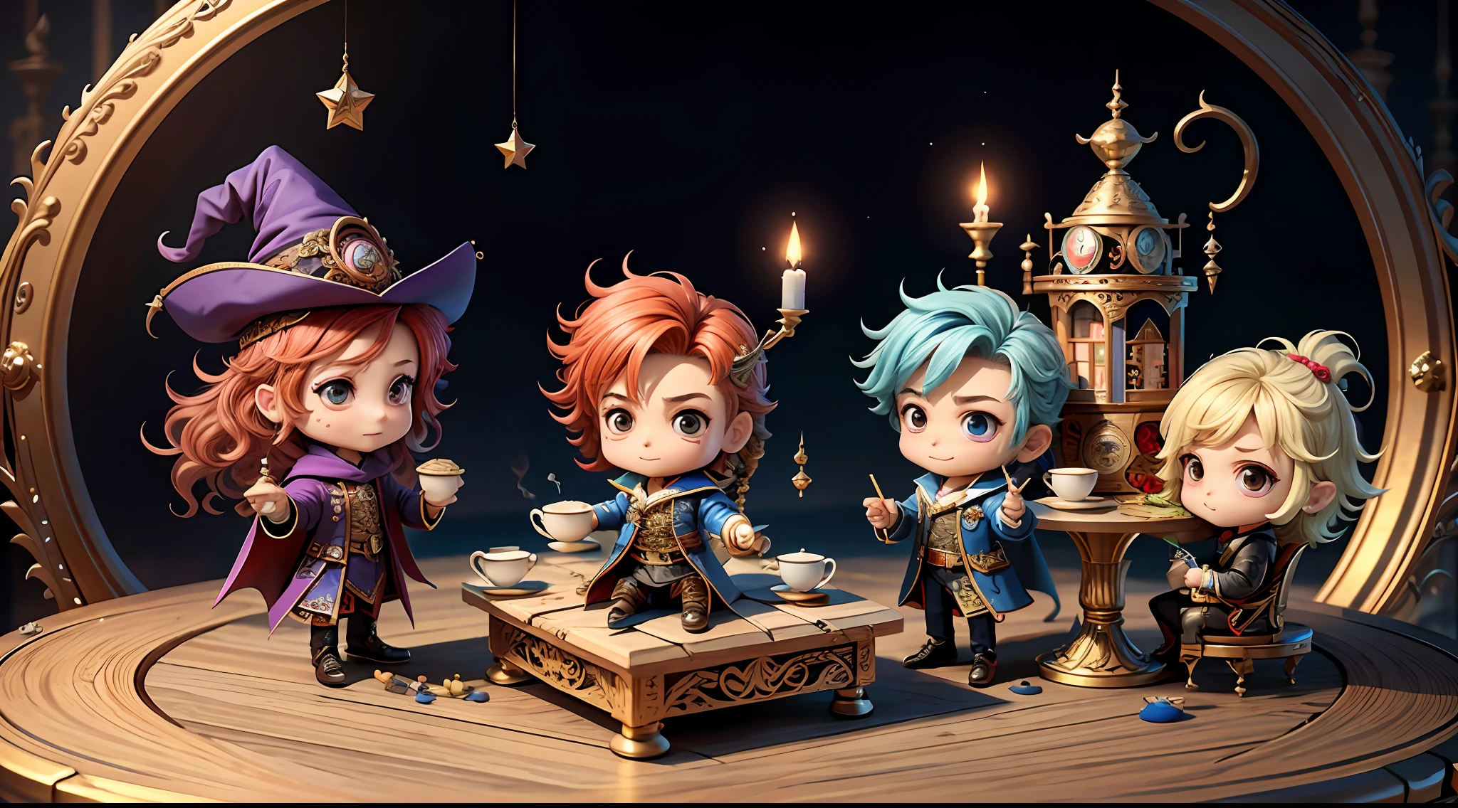 Masterpiece, best quality, chibi, wizard tea party, handsome male witch, beautiful witch, happy, vibrant, colorful