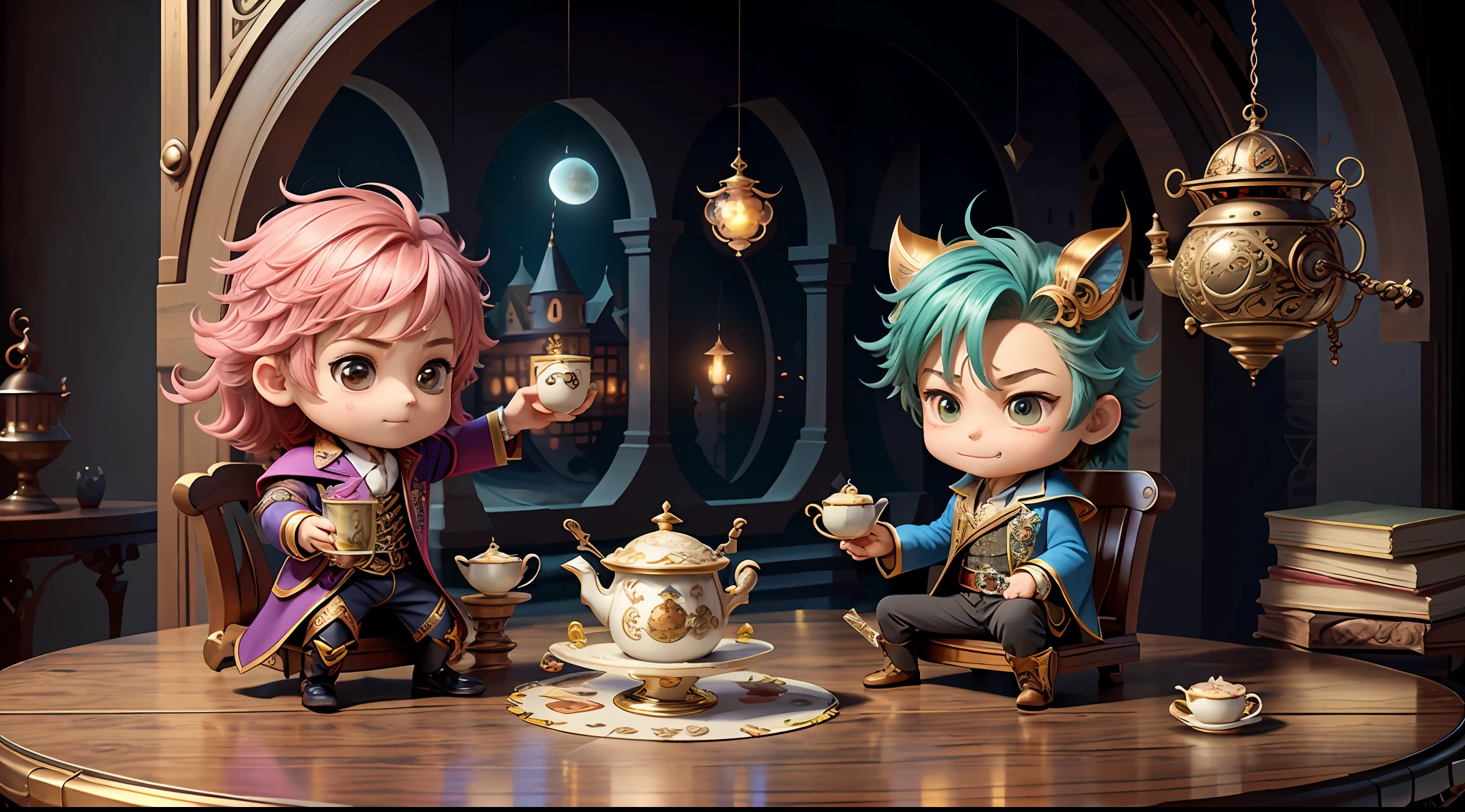 Masterpiece, best quality, chibi, wizard tea party, handsome male witch, beautiful witch, happy, vibrant, colorful