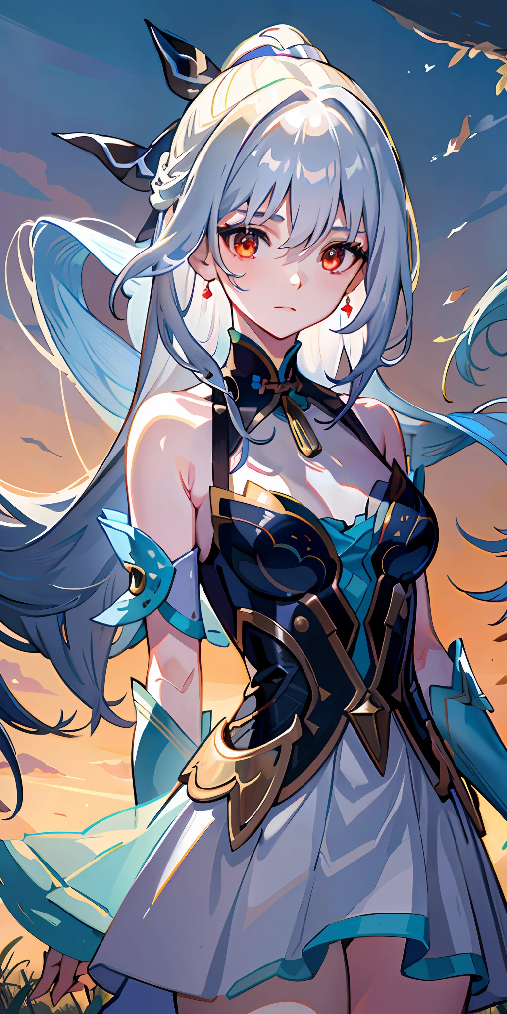 masterpiece, best quality, masterpiece, best quality, high quality, absurdres, good lighting, ray tracing, depth of field, ultra-detailed, illustration, Amazing, fine detail, extremely detailed, highres, midshot, BREAK jingliu, 1girl, solo, long hair, breasts, looking at viewer, bangs, red eyes, gloves, dress, bare shoulders, jewelry, medium breasts, very long hair, blue hair, standing, grey hair, earrings, boots, black gloves, elbow gloves, dress, chinese clothes, china dress, hair stick, detached sleeves, hair ornament, bare shoulders, (illustration), depth_of_field, eyebrows_visible_through_hair, looking_at_viewer, outdoors, (upper_body:1.3), BREAK A peaceful countryside scene at sunset, with rolling hills, lush fields, and a winding path leading towards a charming farmhouse bathed in the warm, golden light. (countryside, idyllic, sunset glow) Evoking the styles of John Constable and Thomas Gainsborough. (landscape painting:1.2, pastoral:1.3) Soft colors, meticulous details, and a sense of rustic tranquility. (soft colors, meticulous details, rustic tranquility)