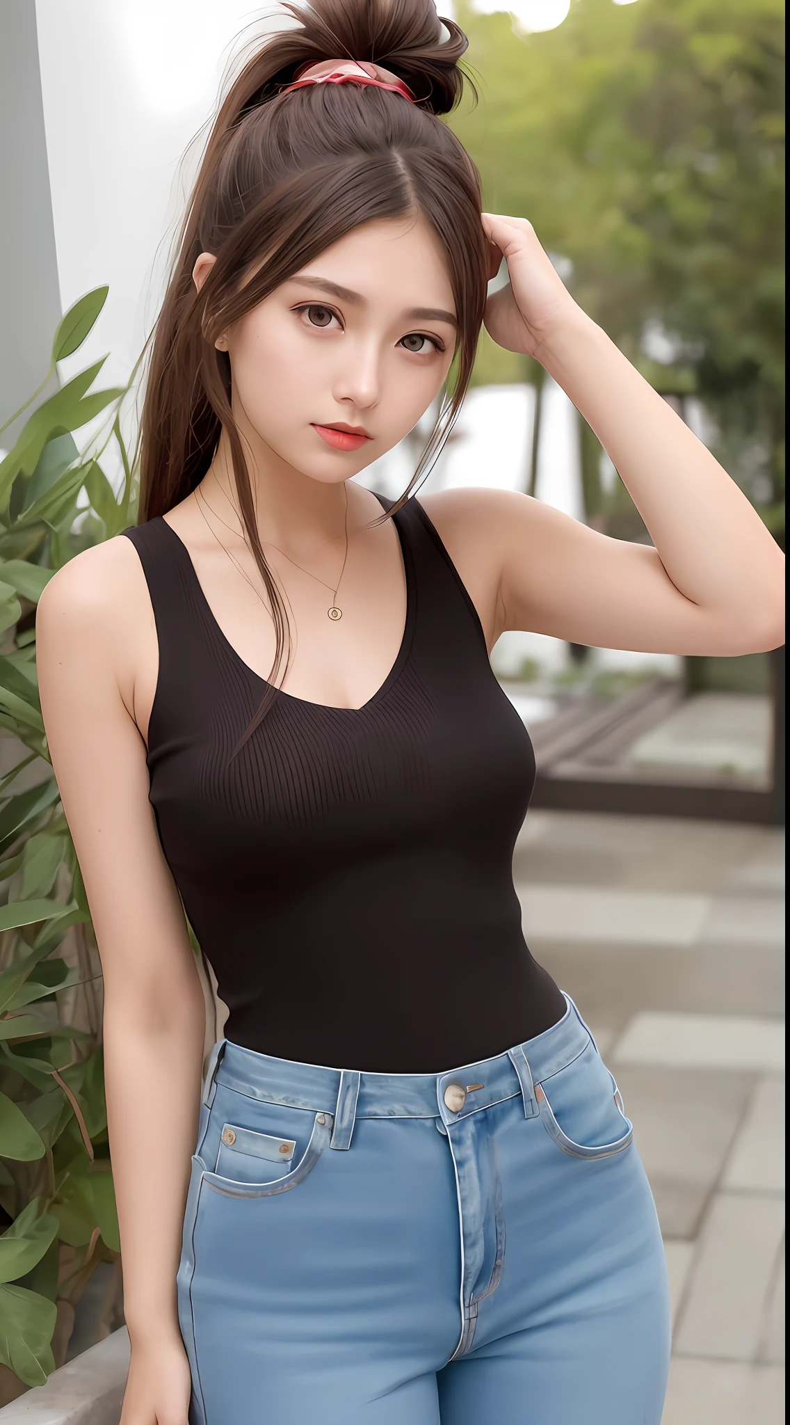 One beautiful girl, brown hair, long hair, hair tied back (ponytail), detailed eyes, big eyes, puffy eyes, fair skin, jeans outfit, red lipstick, sleeveless, clean neck, white skin, Japanese beauty, 20 years old, Airai,
