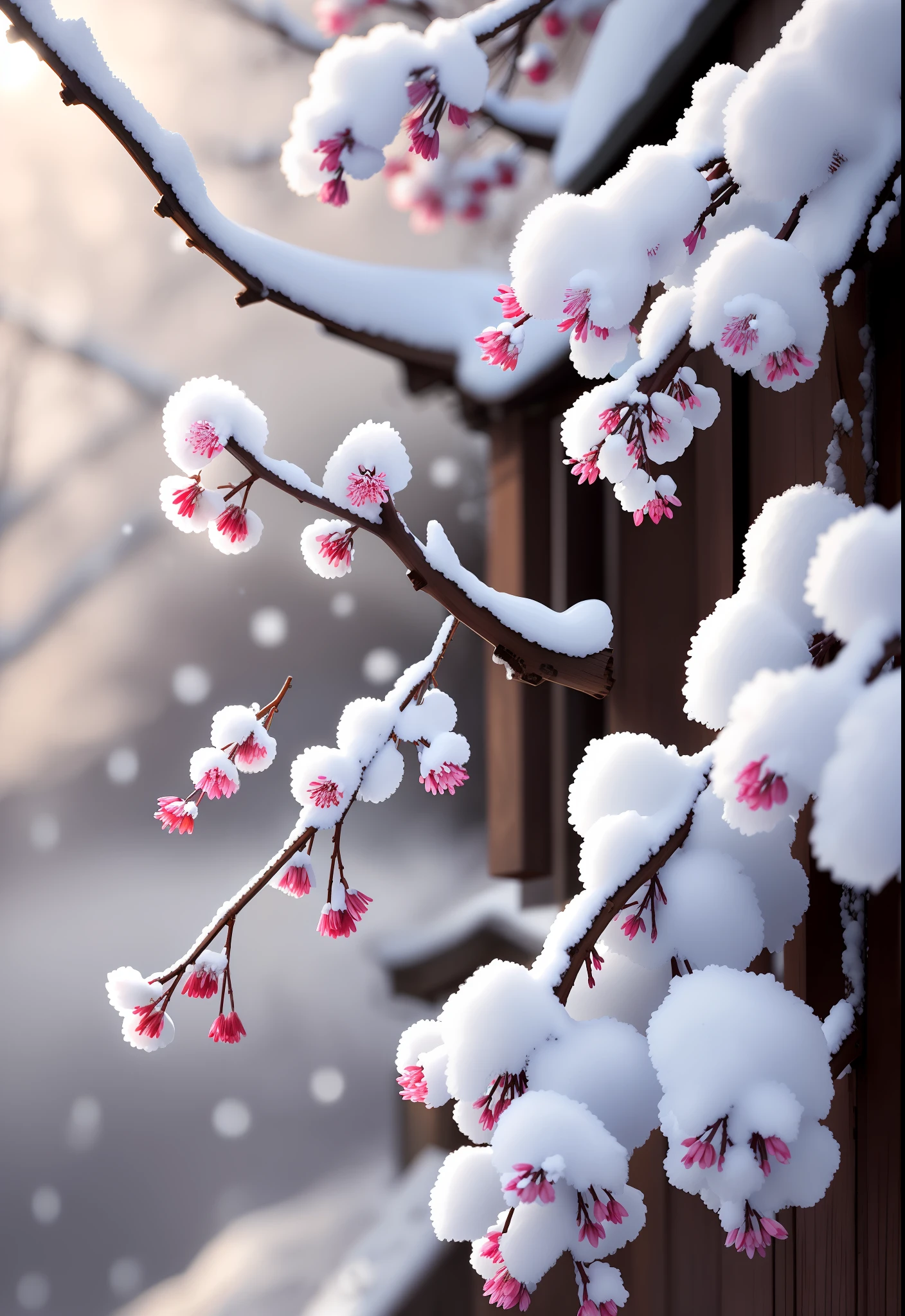 Plum blossoms, (masterpiece), snow, morning light, snow covered on plum blossoms, dreamy