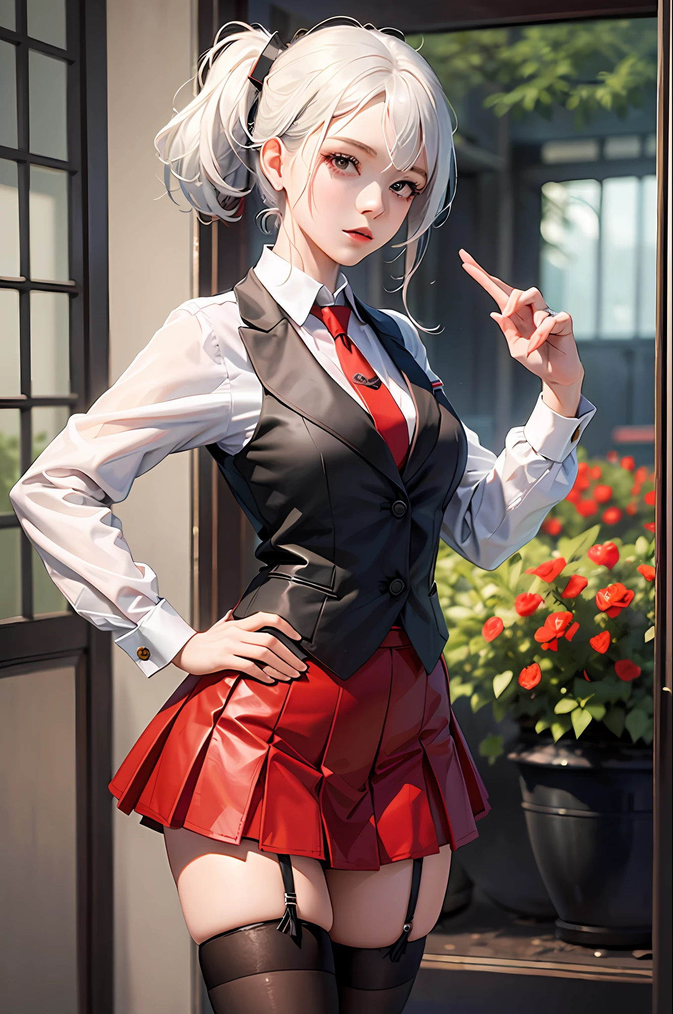 masterpiece, best quality, highres, 1girl 25YO, school uniform, red skirt, red necktie, black thighhighs, white shirt, black vest, strap ,white hair,garden,