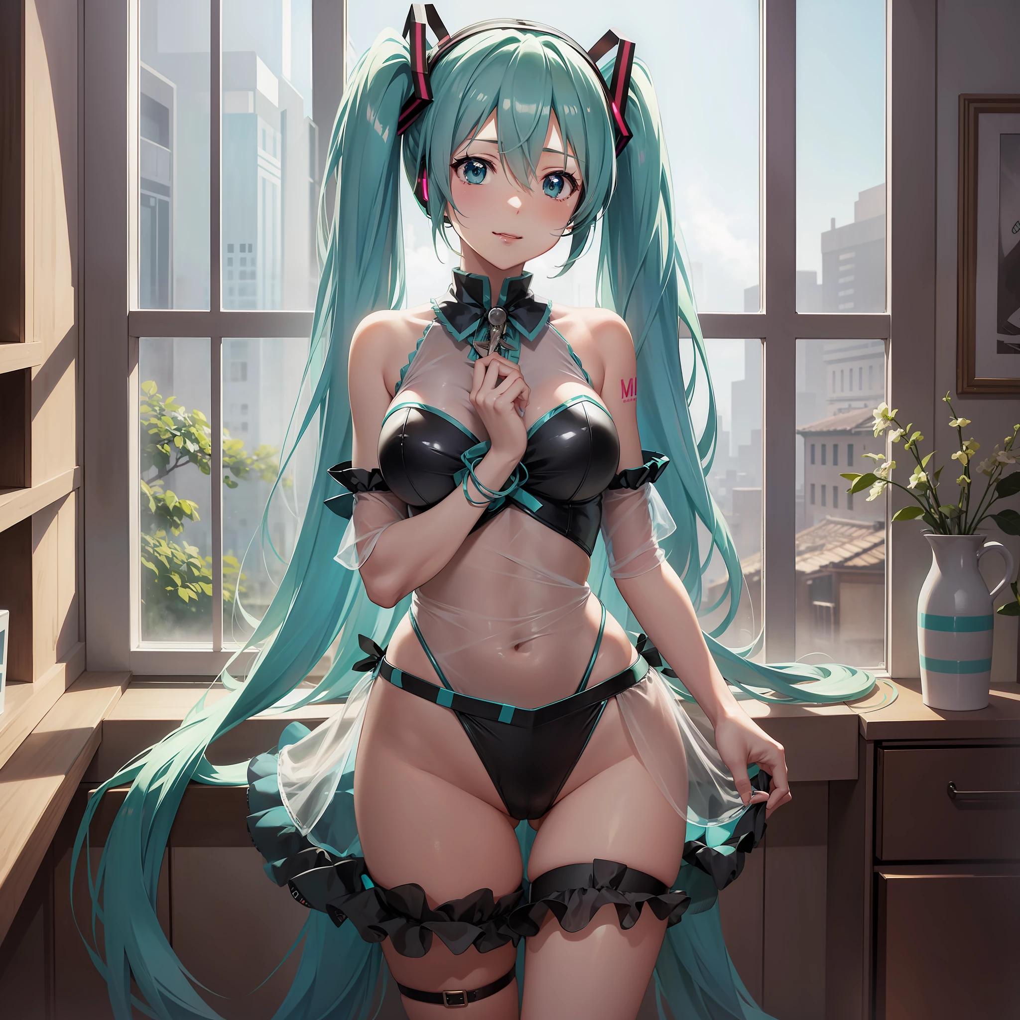 (Hatsune Miku), (seductive), (cute), see-through costume, big, by the window, standing, anime-style,