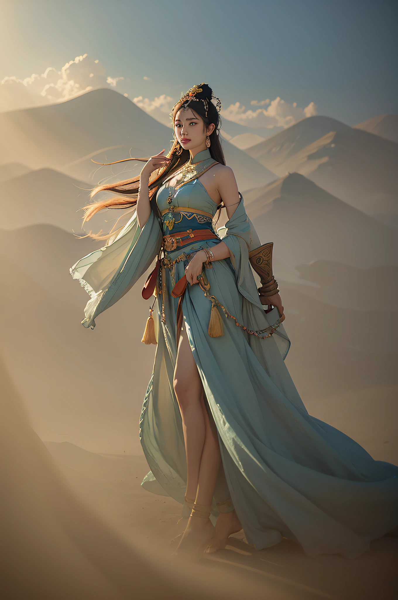 1girl, Dunhuang Flying Apsaras costume, messy long hair, Ji Jian, Dunhuang style, a lot of smoke, superb, elegant colors, (realistic, high detail, masterpiece, super detailed, dynamic angle, mural background, ink wash, amazing, movie lighting, illustration, chiaroscuro, backlighting, god rays, holland, best quality, best quality
