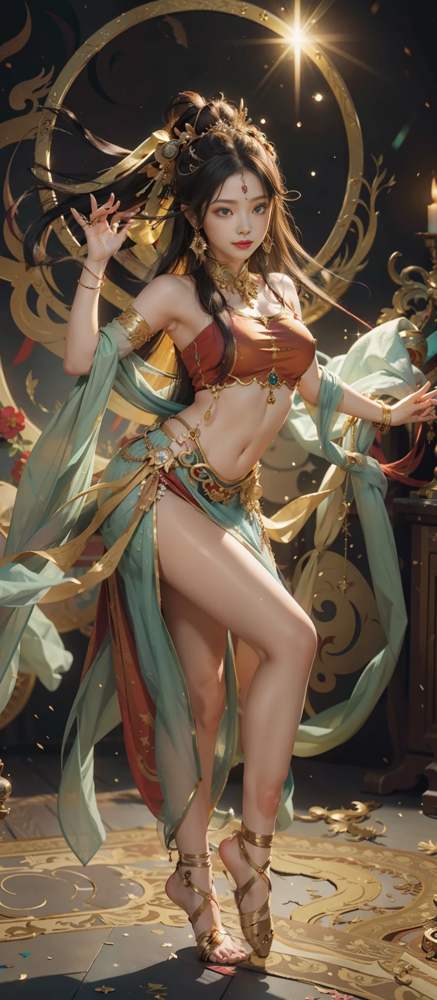 Dunhuang style, 1girle, shoulders, navel, flying fairy, Dunhuang mural in background, dance, black hair, very long hair, hair ornaments, ribbons, earrings, gold jewelry, hair bubbles, copper bells, red clothes, flowers on the head, gradient eyes, smile, no shoes, full body portrait, surrealism, high detail, romanticism, film lighting, glitter, reflected light, masterpiece, super detail, textured skin, anatomically correct, high detail, best quality, high quality, award-winning, 8K