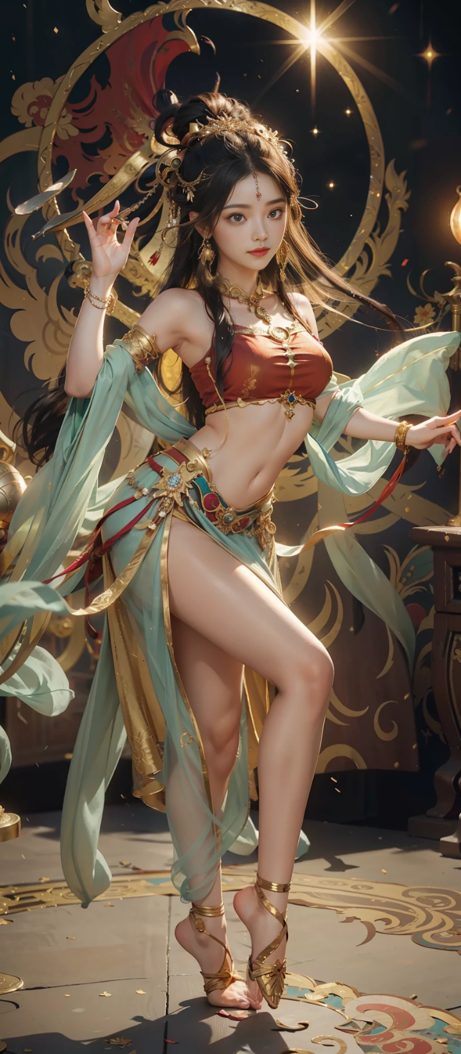 Dunhuang style, 1girle, shoulders, navel, flying fairy, Dunhuang mural in background, dance, black hair, very long hair, hair ornaments, ribbons, earrings, gold jewelry, hair bubbles, copper bells, red clothes, flowers on the head, gradient eyes, smile, no shoes, full body portrait, surrealism, high detail, romanticism, film lighting, glitter, reflected light, masterpiece, super detail, textured skin, anatomically correct, high detail, best quality, high quality, award-winning, 8K