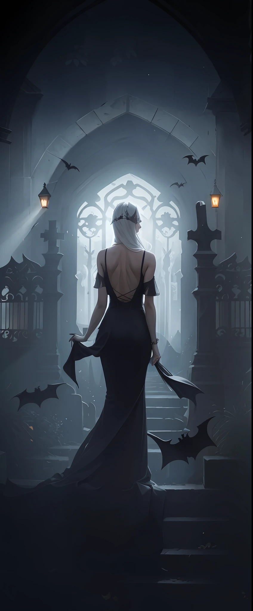 high resolution, imagination, (reality), european medieval, cemetery, vampire, bat, clear sky, back, black dress, composition, sunset, (HDR:1.5), outdoors, intricate detail,